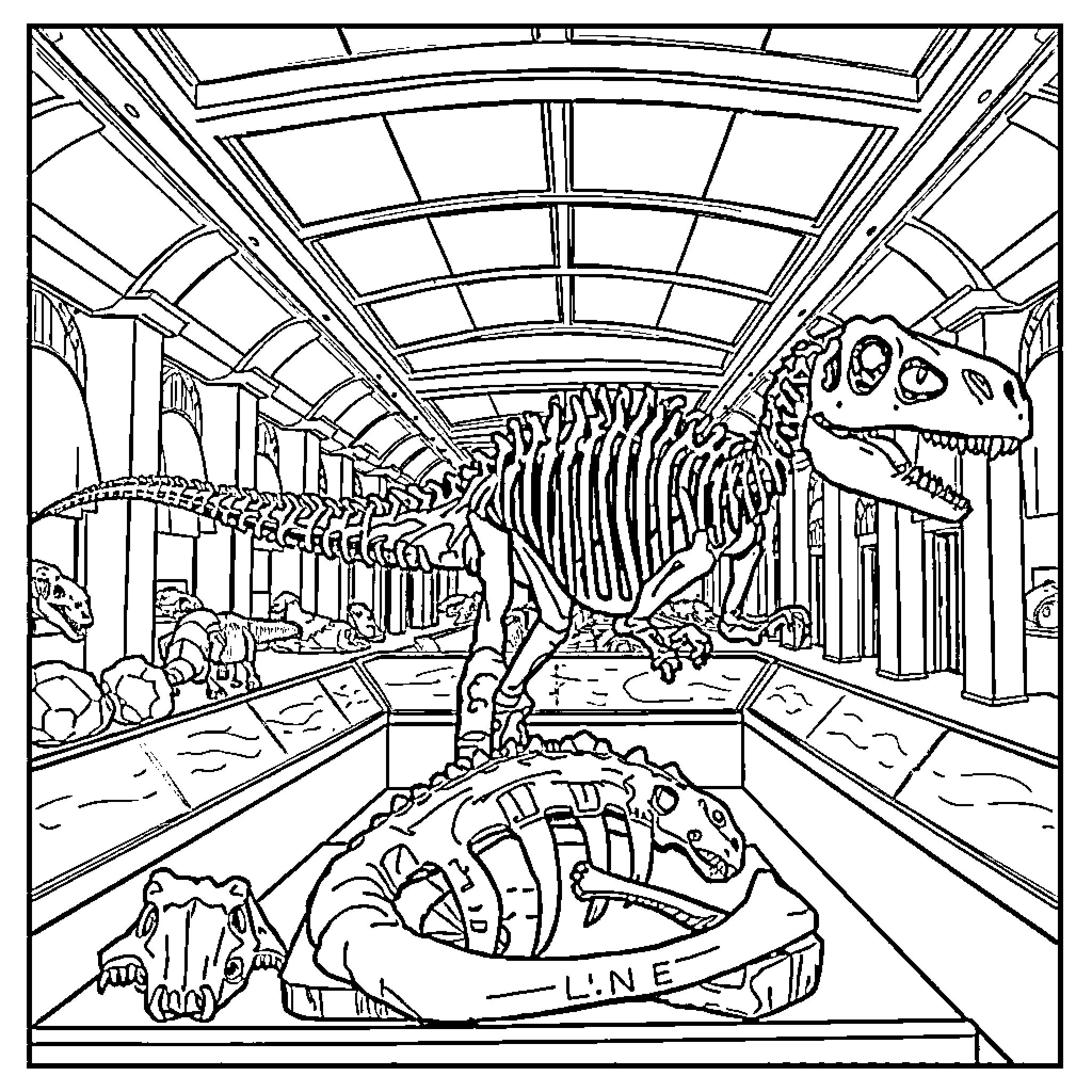 Dinosaur fossils in a museum exhibit Coloring Page (free black-and-white line drawing printable PDF for all, from beginners to advanced learners, including children, teens, adults, and seniors)