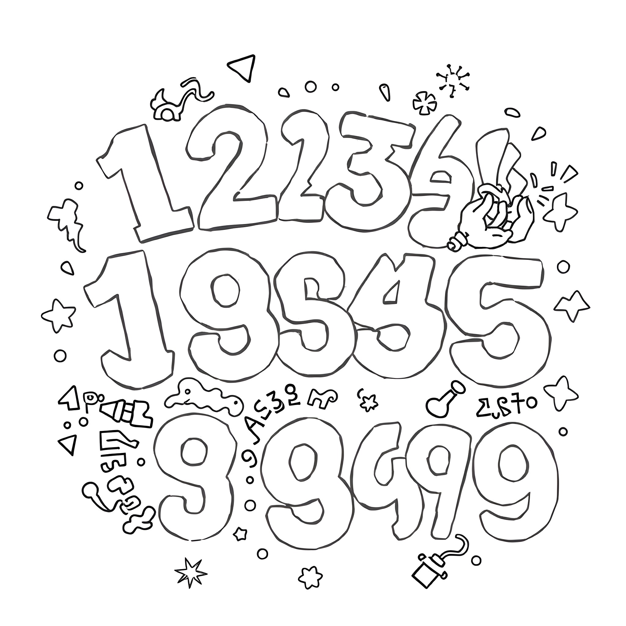 Number Playful Doodle of Numbers Coloring Page (free black-and-white line drawing printable PDF for all, from beginners to advanced learners, including children, teens, adults, and seniors)