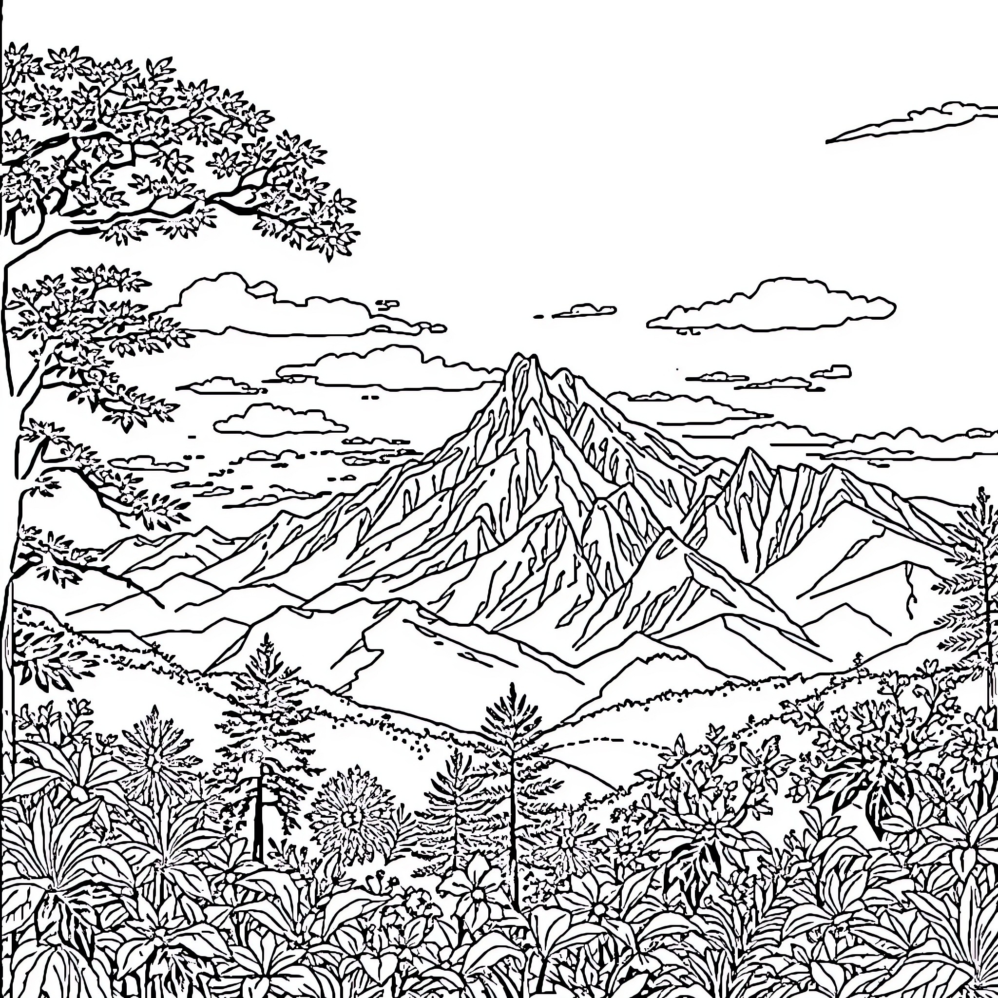 Mountain landscape with trees and clouds Coloring Page (free black-and-white line drawing printable PDF for all, from beginners to advanced learners, including children, teens, adults, and seniors)