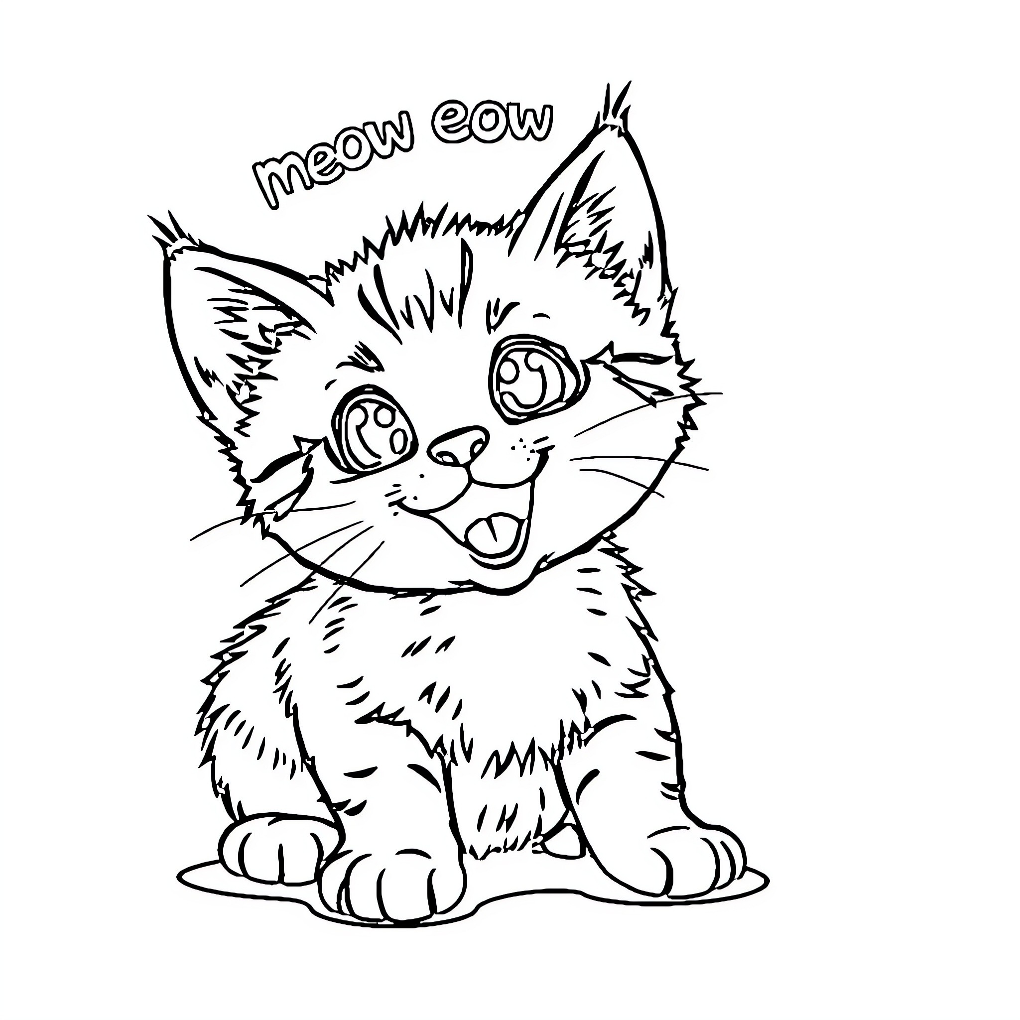Cat making a funny meow sound Coloring Page (free black-and-white line drawing printable PDF for all, from beginners to advanced learners, including children, teens, adults, and seniors)