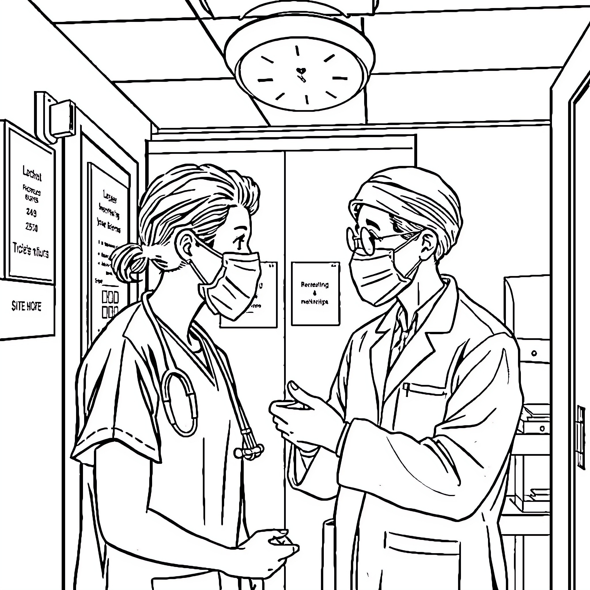 Vos medical professionals in discussion Coloring Page (free black-and-white line drawing printable PDF for all, from beginners to advanced learners, including children, teens, adults, and seniors)