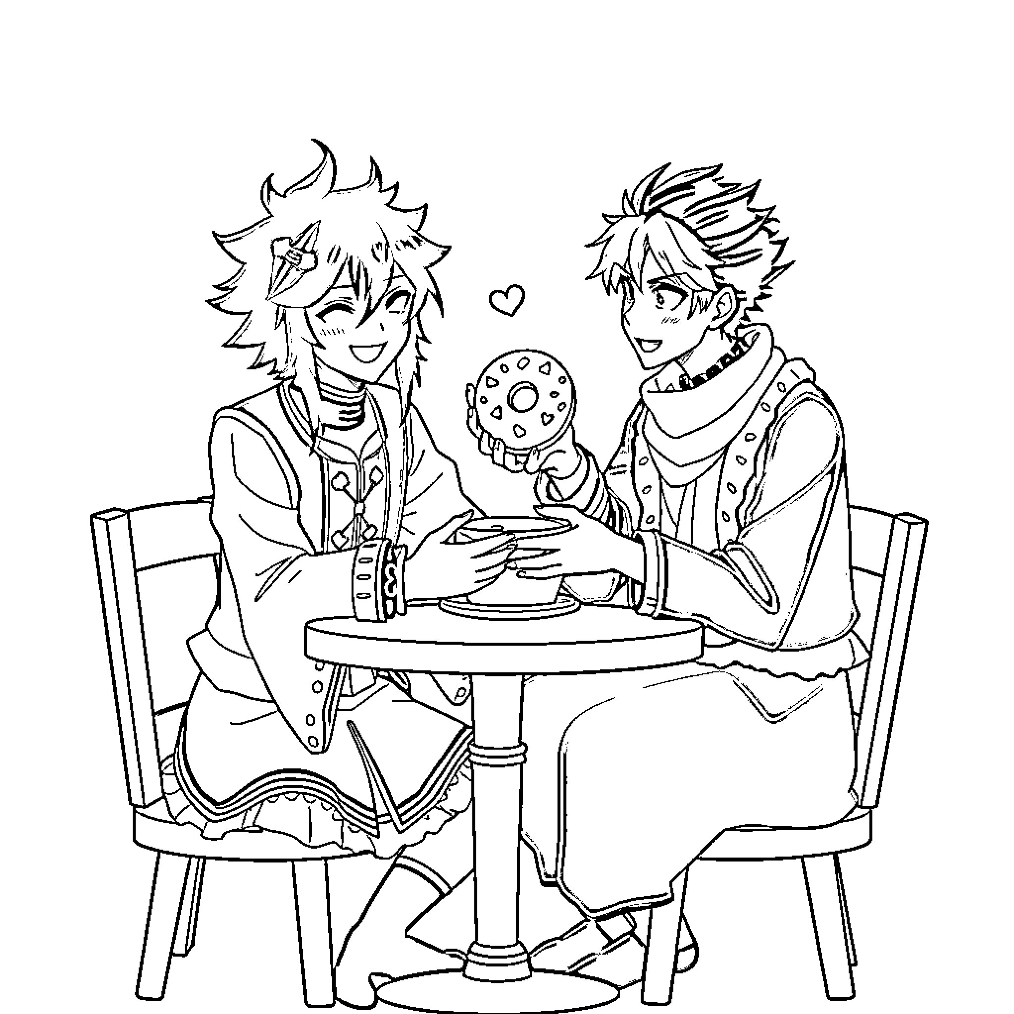 Rengoku sharing a meal with a friend Coloring Page (free black-and-white line drawing printable PDF for all, from beginners to advanced learners, including children, teens, adults, and seniors)