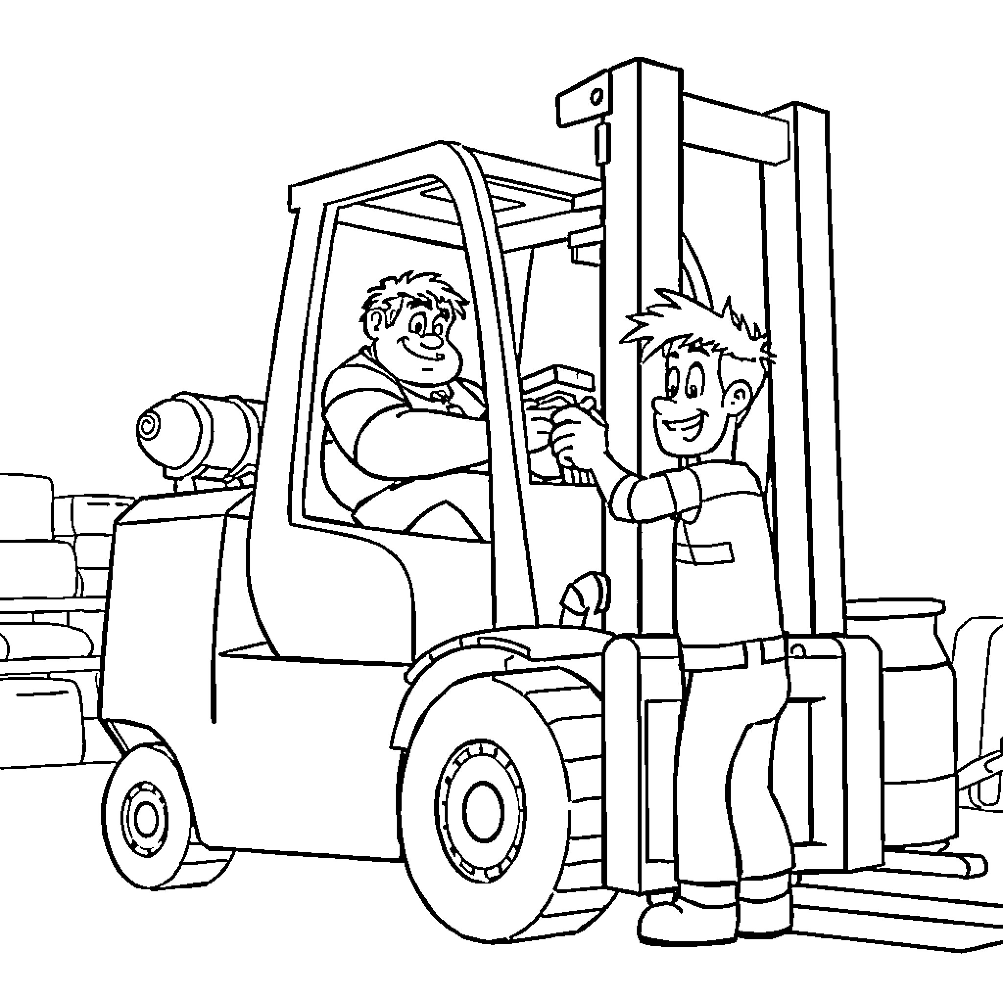 Wreck it Ralph operating a forklift with friend Coloring Page (free black-and-white line drawing printable PDF for all, from beginners to advanced learners, including children, teens, adults, and seniors)