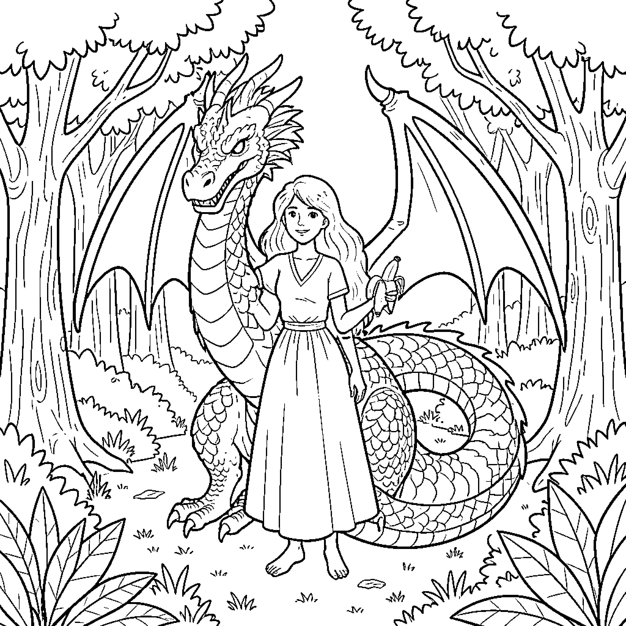 Dragon and the maiden in a magical forest Coloring Page (free black-and-white line drawing printable PDF for all, from beginners to advanced learners, including children, teens, adults, and seniors)