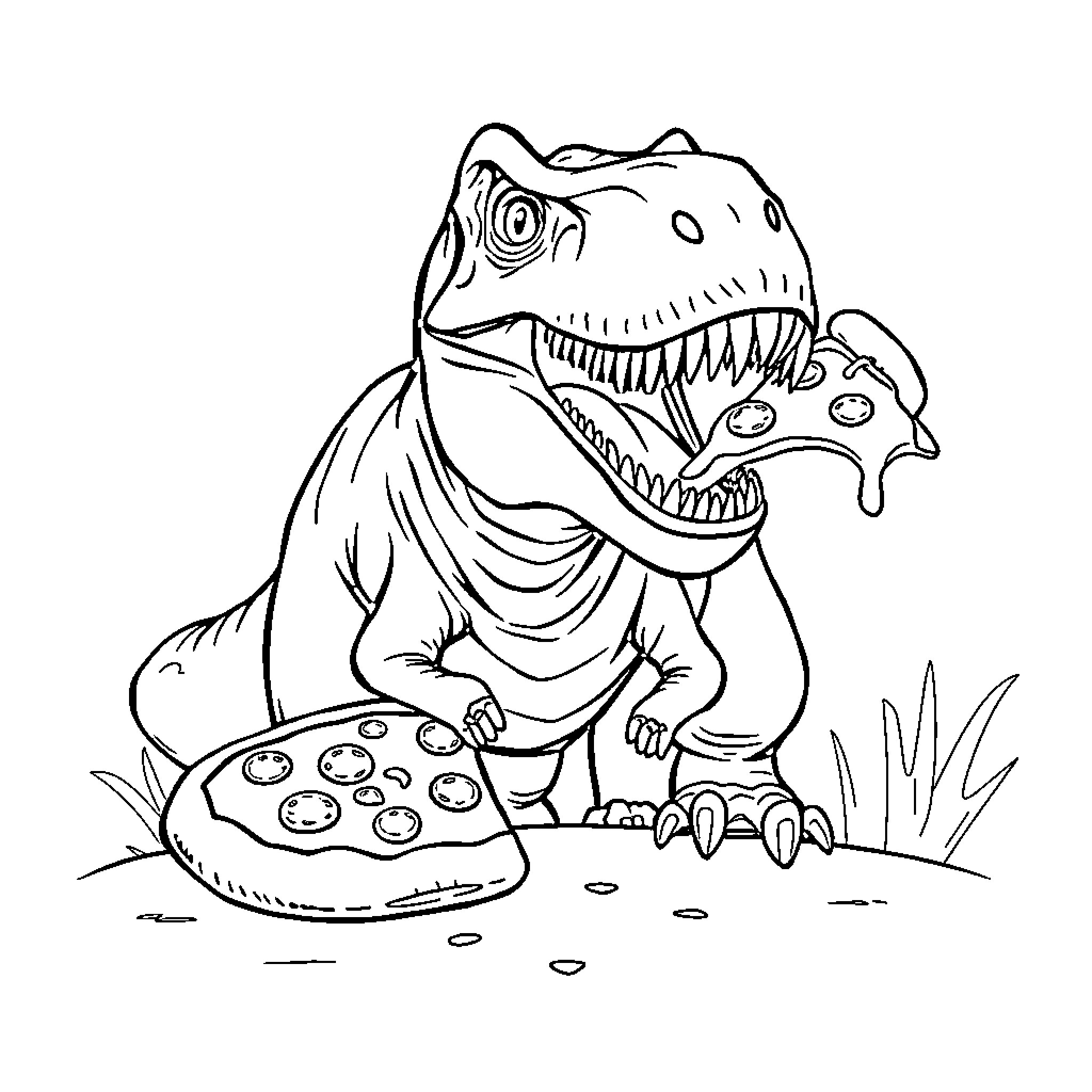 T-Rex enjoying a pizza in the wilderness Coloring Page (free black-and-white line drawing printable PDF for all, from beginners to advanced learners, including children, teens, adults, and seniors)