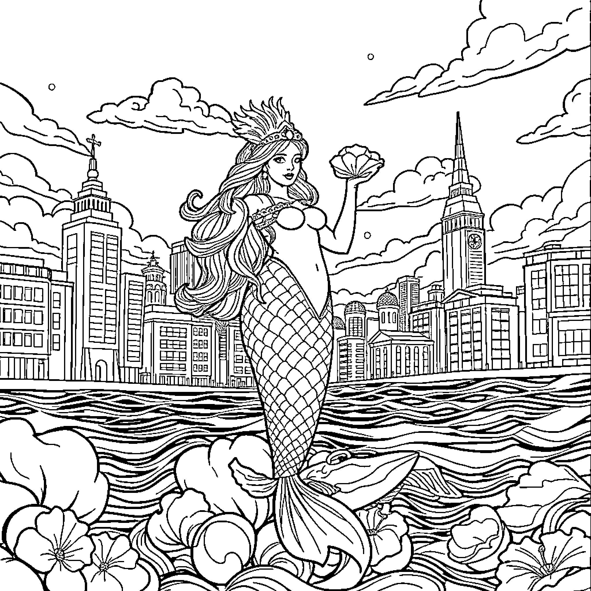 Mermaid surrounded by a city skyline and flowers Coloring Page (free black-and-white line drawing printable PDF for all, from beginners to advanced learners, including children, teens, adults, and seniors)