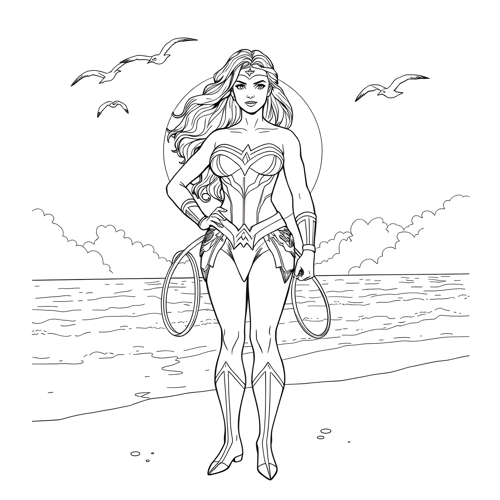 Wonder Woman Stands Tall by the Seashore Coloring Page (free black-and-white line drawing printable PDF for all, from beginners to advanced learners, including children, teens, adults, and seniors)