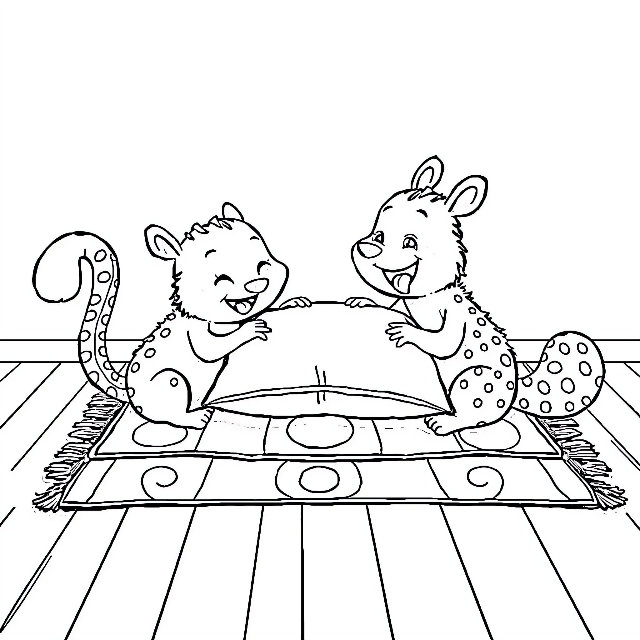 Critter friends playing on a spotted blanket Coloring Page (free black-and-white line drawing printable PDF for all, from beginners to advanced learners, including children, teens, adults, and seniors)