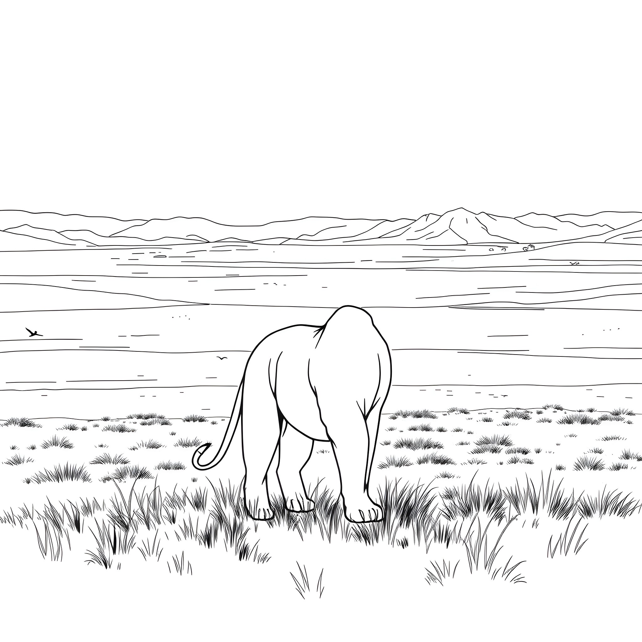 Lion exploring the vast wilderness landscape Coloring Page (free black-and-white line drawing printable PDF for all, from beginners to advanced learners, including children, teens, adults, and seniors)