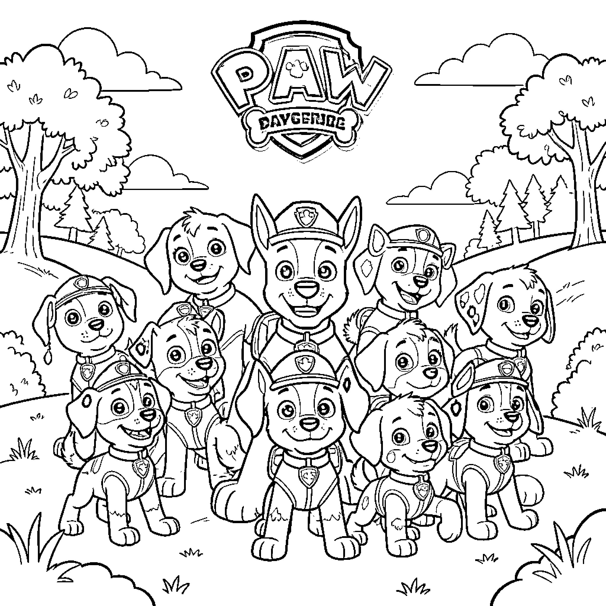 Paw Patrol team exploring the outdoors Coloring Page (free black-and-white line drawing printable PDF for all, from beginners to advanced learners, including children, teens, adults, and seniors)