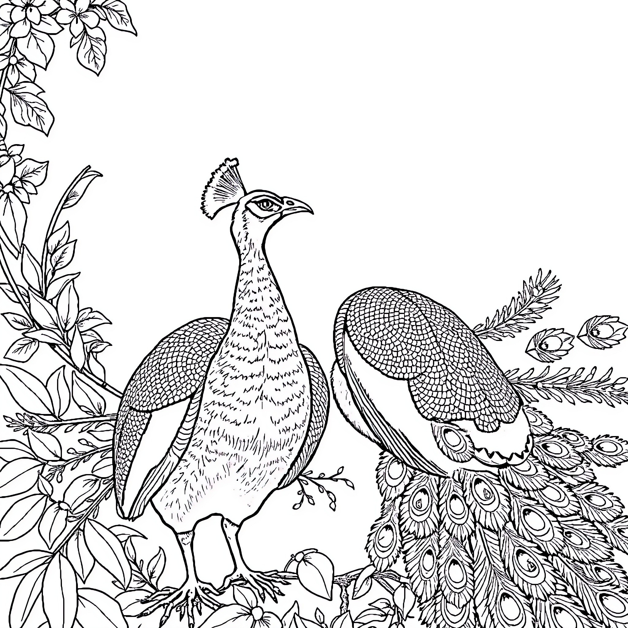 Peacock displaying its majestic feathers in a natural setting Coloring Page (free black-and-white line drawing printable PDF for all, from beginners to advanced learners, including children, teens, adults, and seniors)