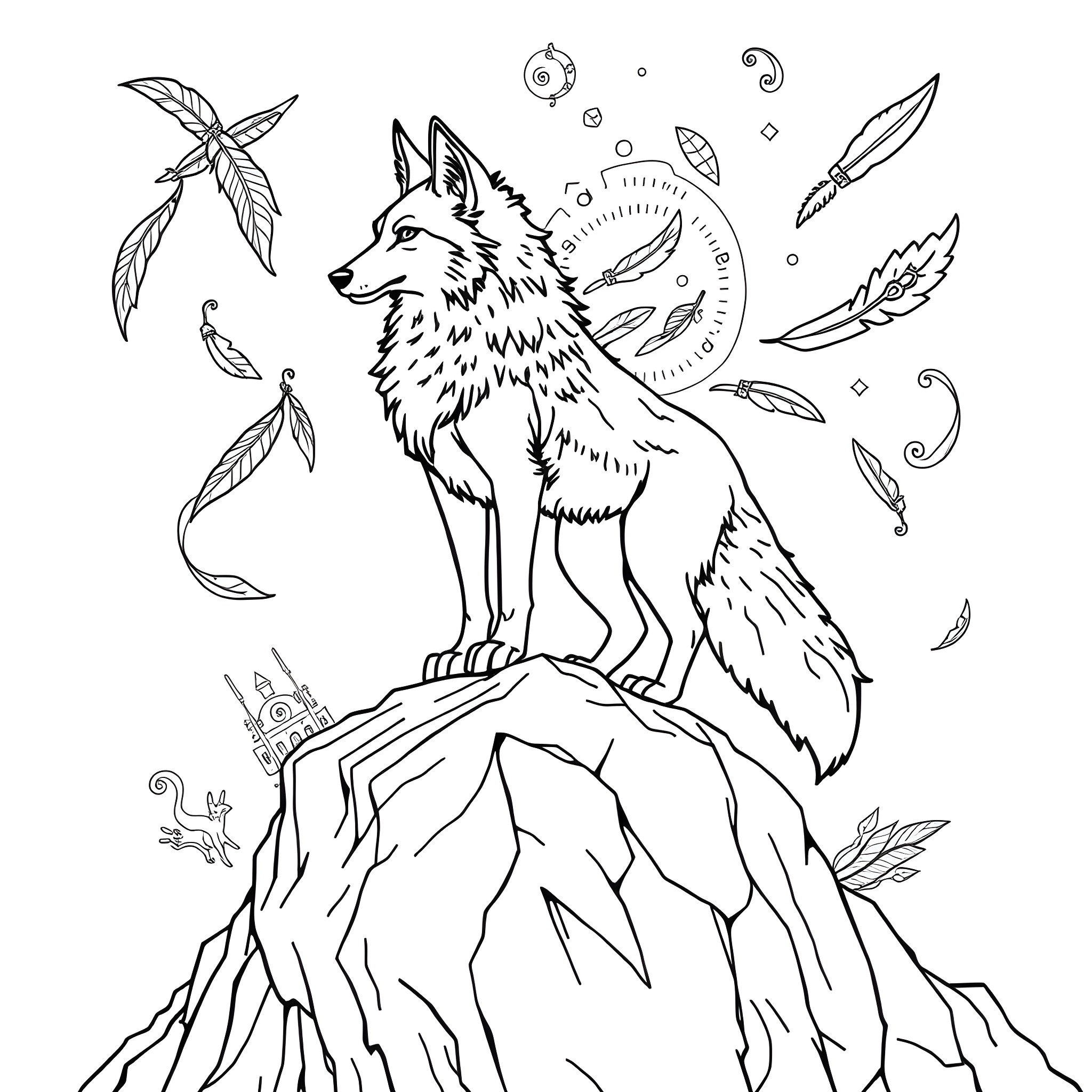 Coyote standing on a rocky cliff with flowing feathers Coloring Page (free black-and-white line drawing printable PDF for all, from beginners to advanced learners, including children, teens, adults, and seniors)