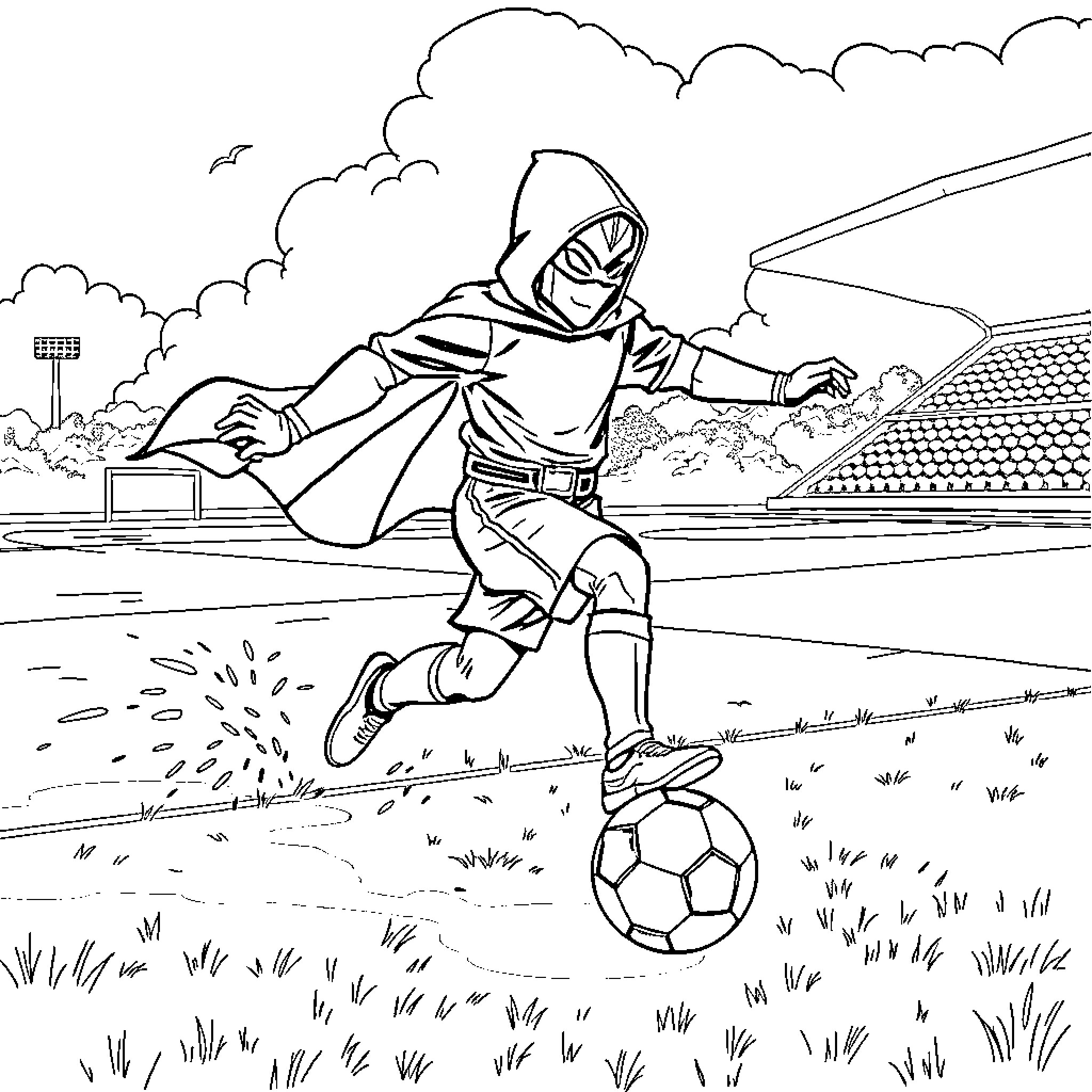 Metaknight playing soccer in a stadium Coloring Page (free black-and-white line drawing printable PDF for all, from beginners to advanced learners, including children, teens, adults, and seniors)
