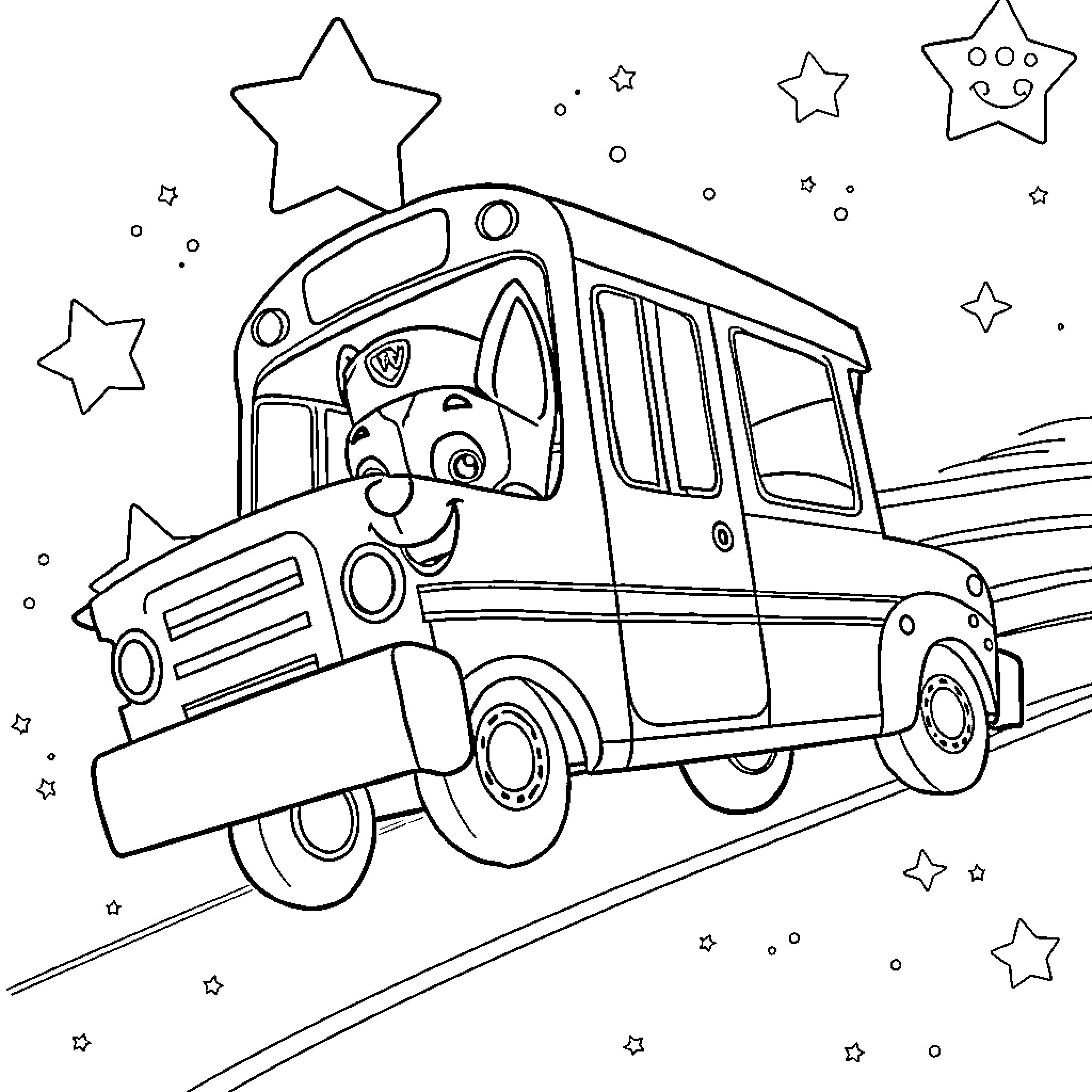 Chase of a Cheerful Cartoon Bus Amid Twinkling Stars Coloring Page (free black-and-white line drawing printable PDF for all, from beginners to advanced learners, including children, teens, adults, and seniors)
