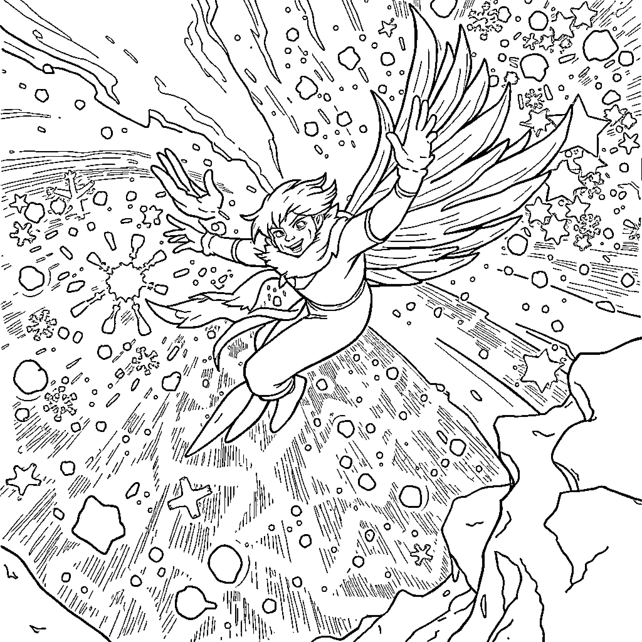 Jack Frost spreading wintry magic through the sky Coloring Page (free black-and-white line drawing printable PDF for all, from beginners to advanced learners, including children, teens, adults, and seniors)