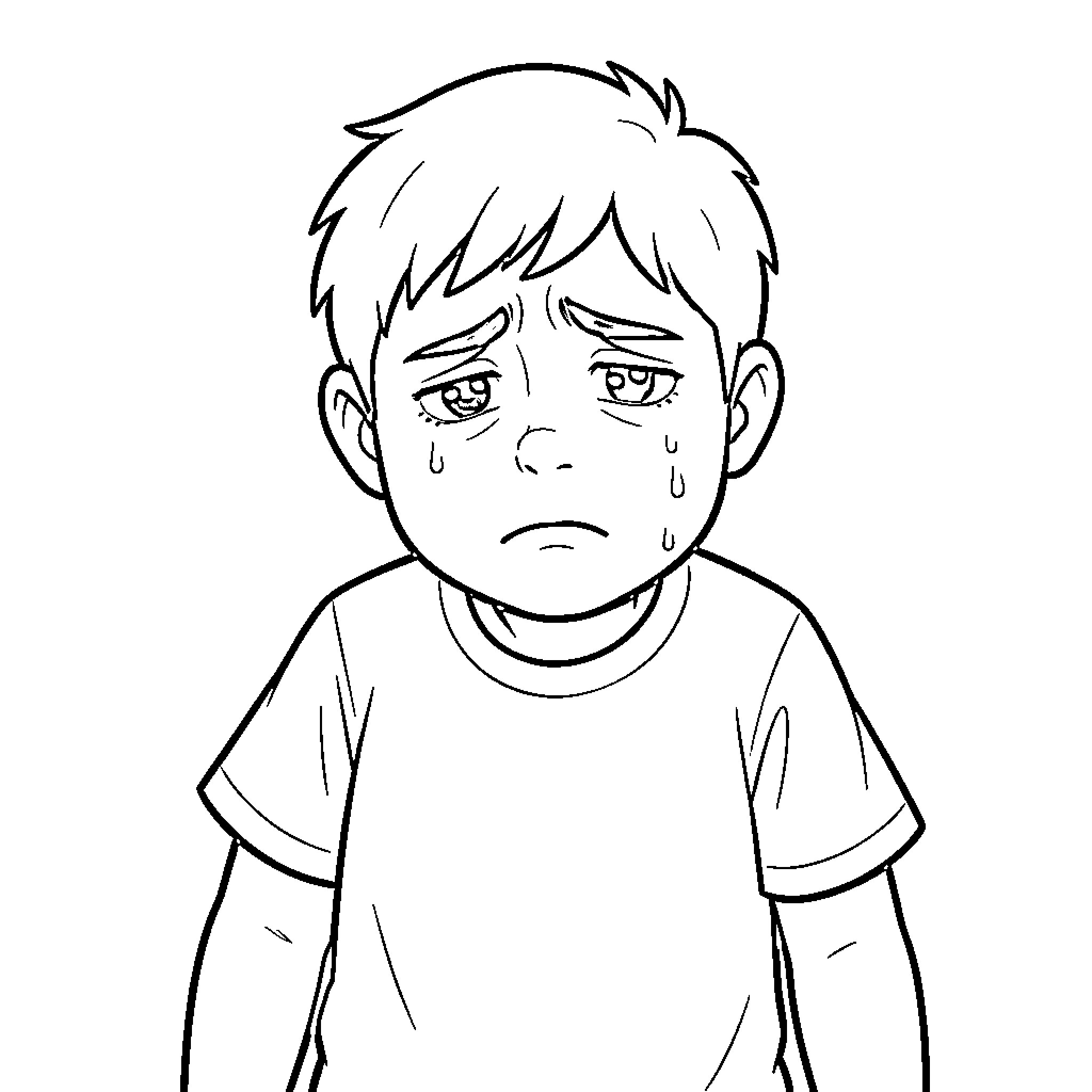 Tom looking very sad and crying Coloring Page (free black-and-white line drawing printable PDF for all, from beginners to advanced learners, including children, teens, adults, and seniors)