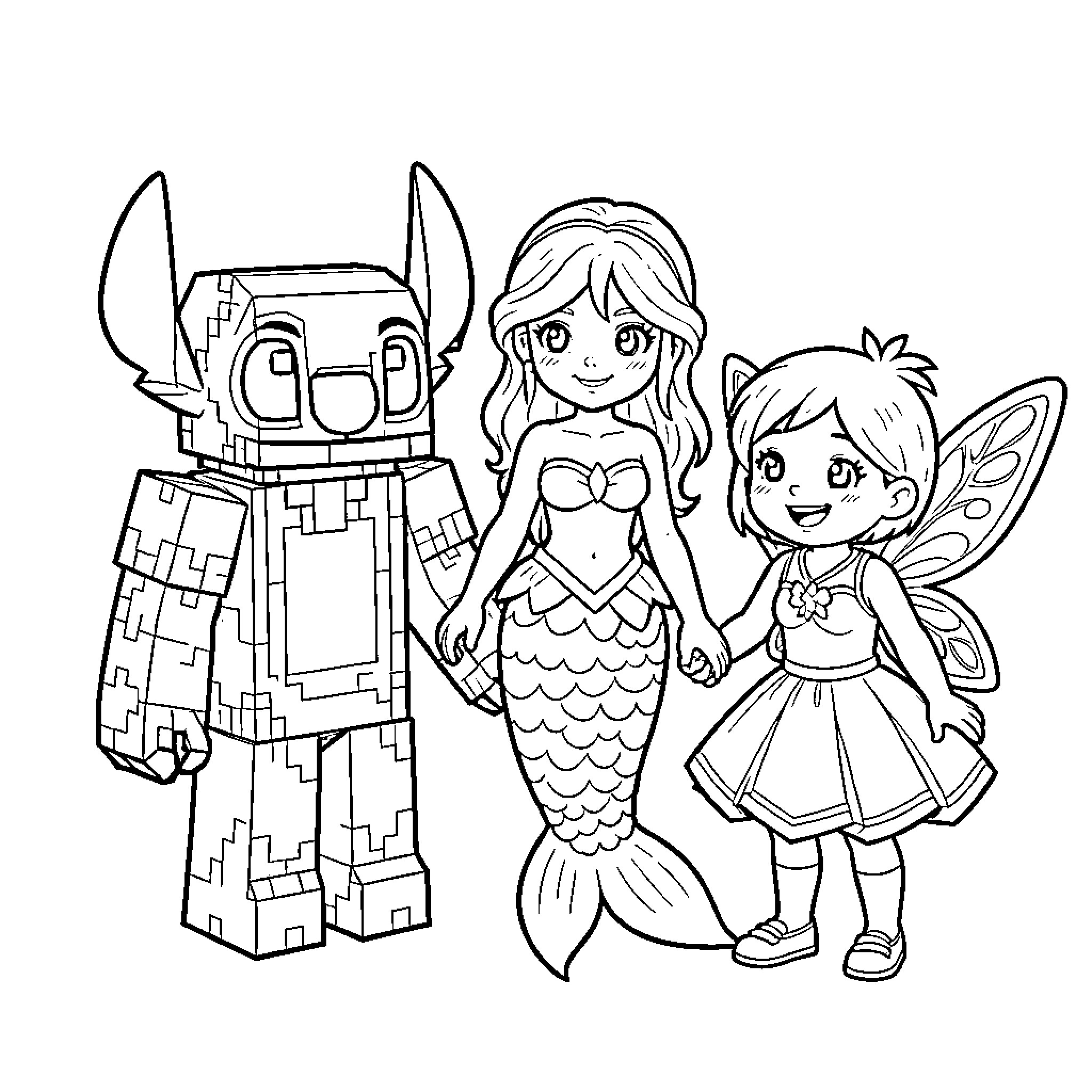 Stitch and friends holding hands together Coloring Page (free black-and-white line drawing printable PDF for all, from beginners to advanced learners, including children, teens, adults, and seniors)