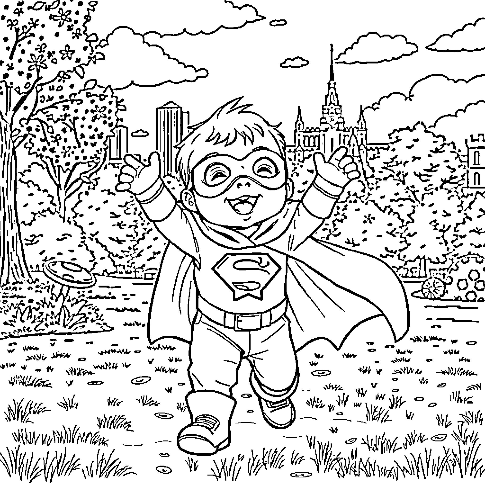 Baby superhero exploring the city park Coloring Page (free black-and-white line drawing printable PDF for all, from beginners to advanced learners, including children, teens, adults, and seniors)
