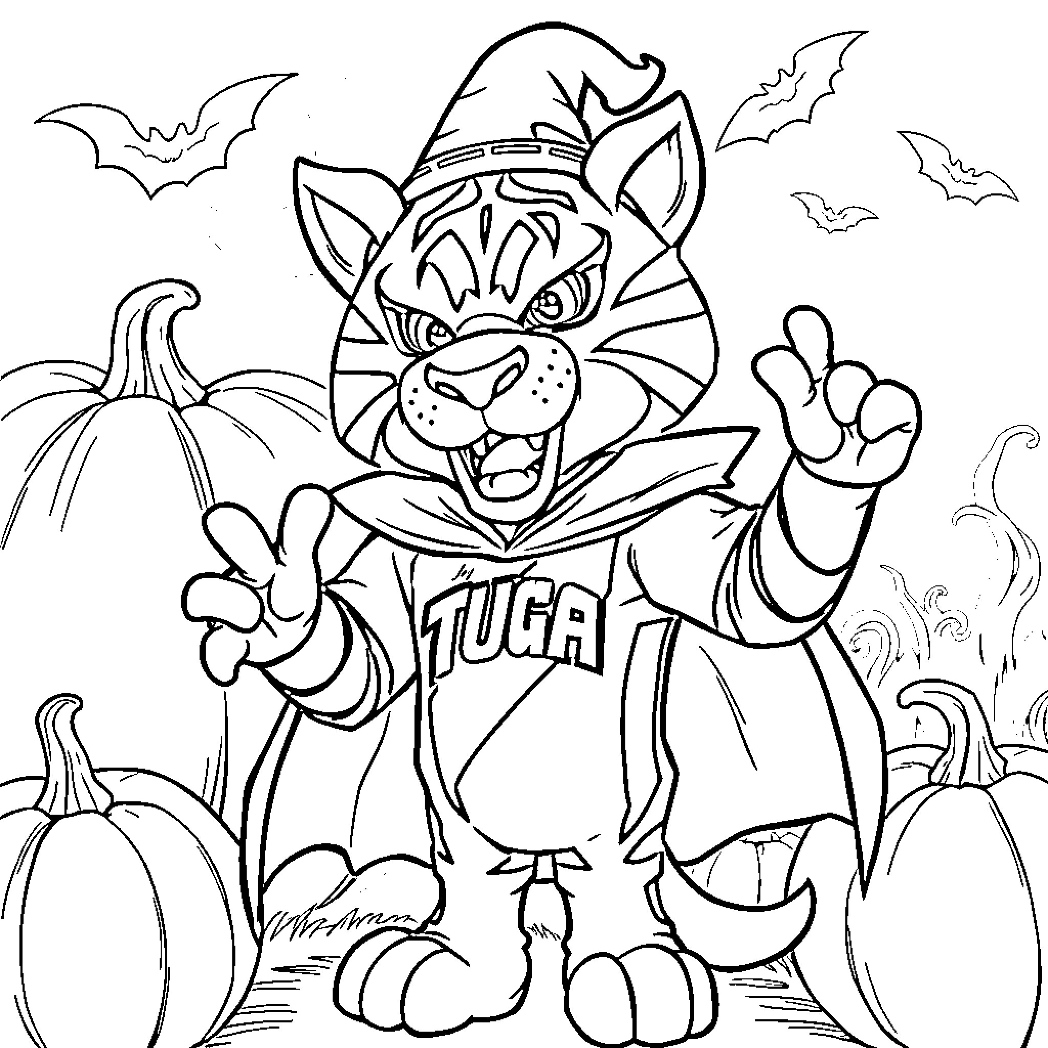 Mascot tiger in Halloween costume making peace sign Coloring Page (free black-and-white line drawing printable PDF for all, from beginners to advanced learners, including children, teens, adults, and seniors)