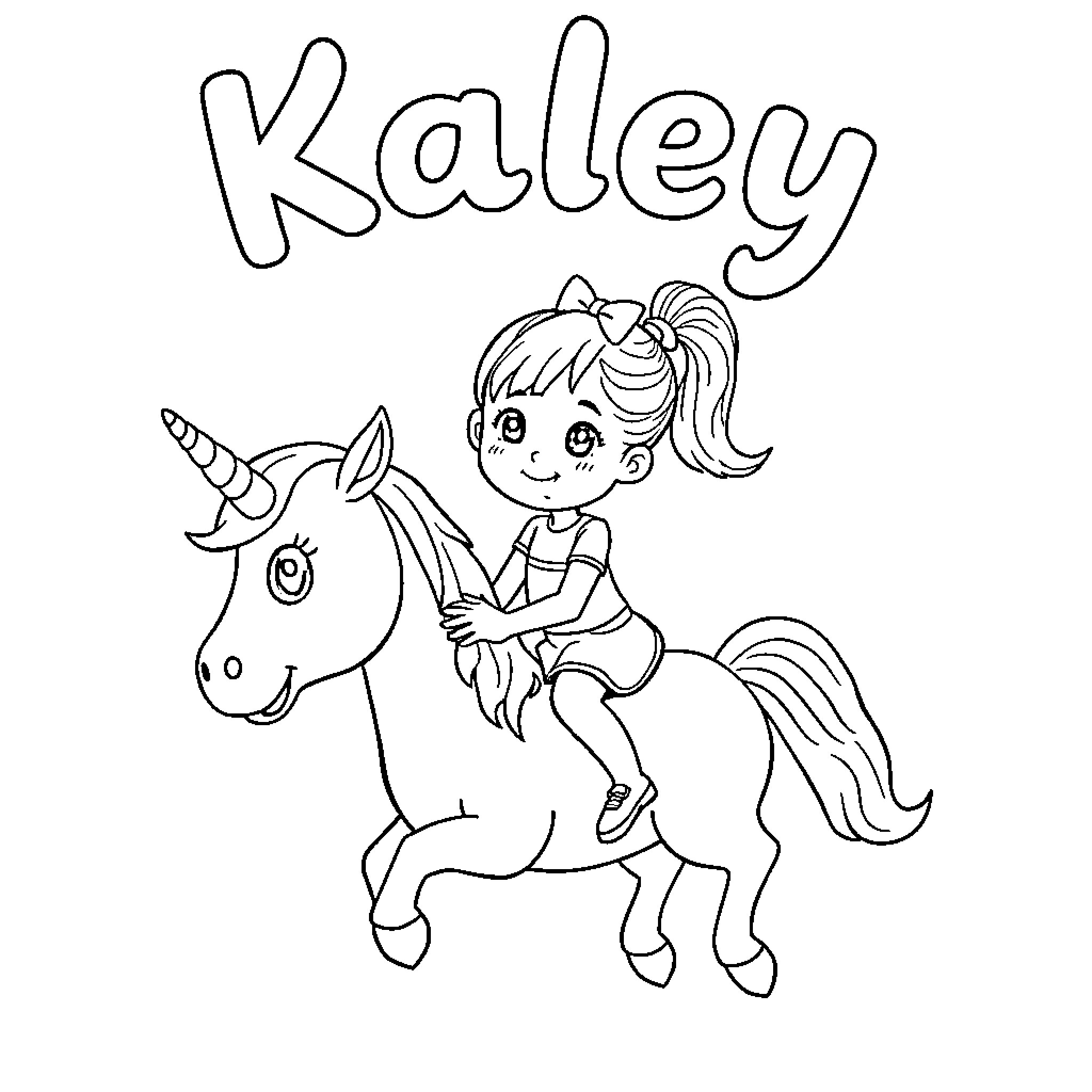 Girl riding a magical unicorn Coloring Page (free black-and-white line drawing printable PDF for all, from beginners to advanced learners, including children, teens, adults, and seniors)