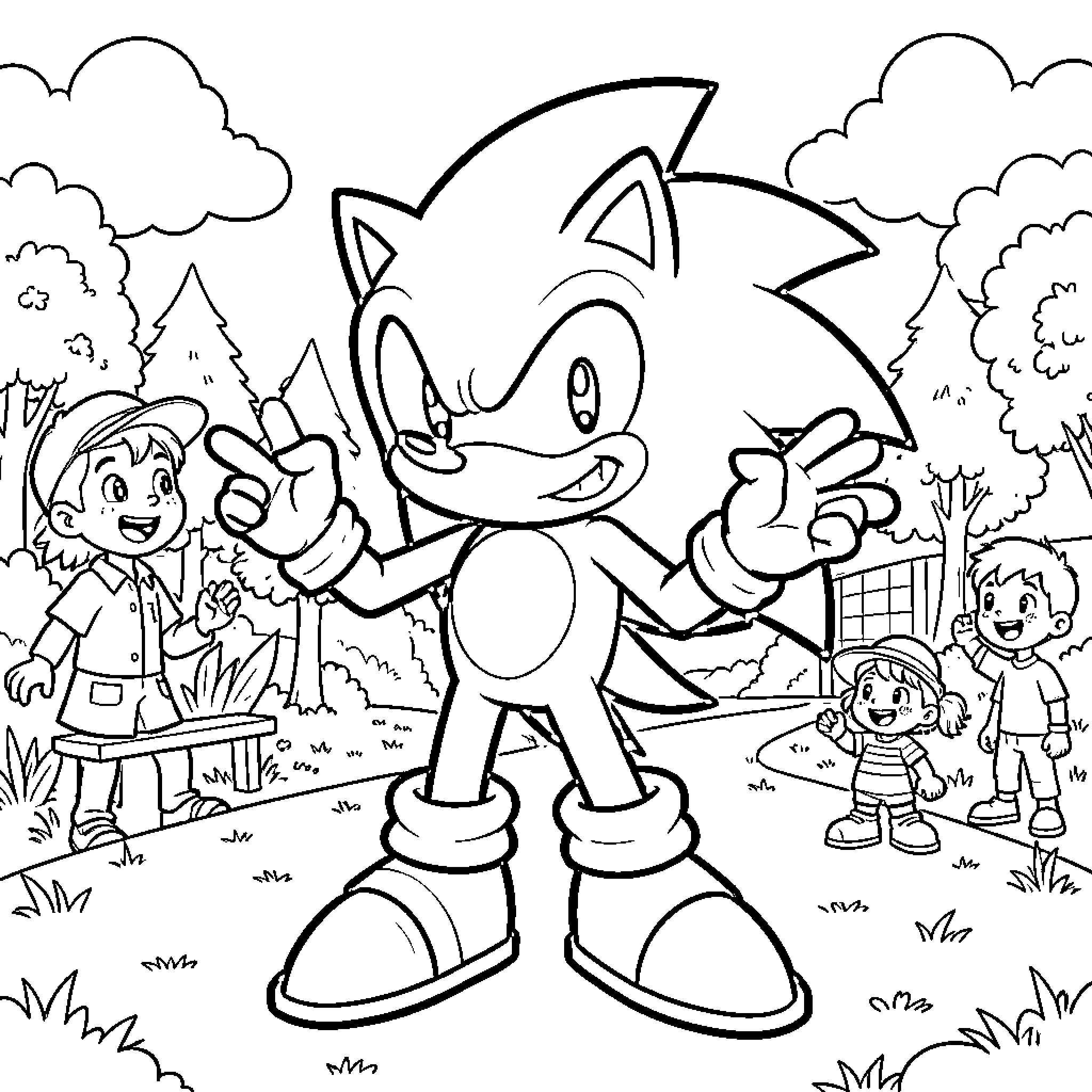 Sonic standing confidently with happy children in a park Coloring Page (free black-and-white line drawing printable PDF for all, from beginners to advanced learners, including children, teens, adults, and seniors)
