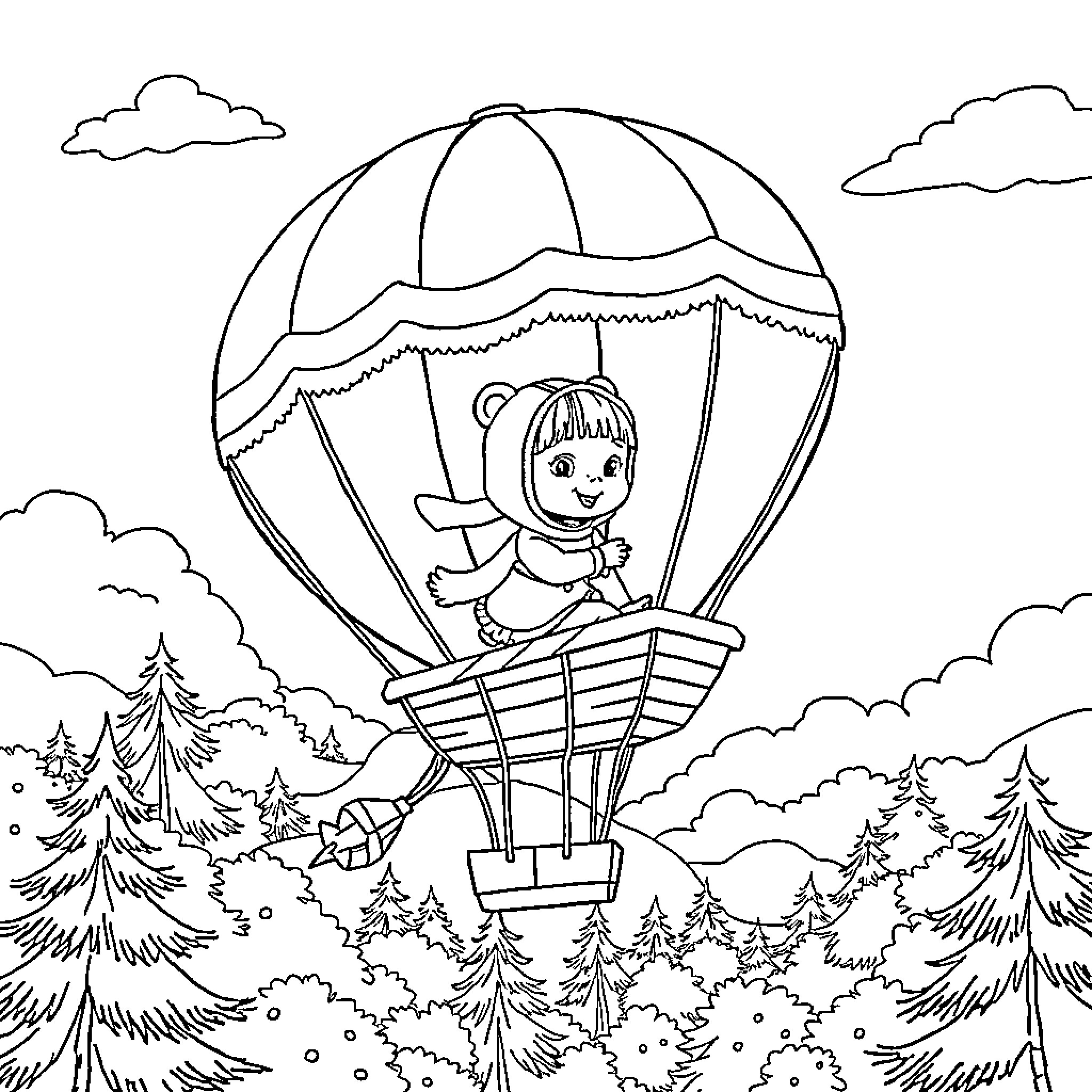 Masha soaring high in a hot air balloon Coloring Page (free black-and-white line drawing printable PDF for all, from beginners to advanced learners, including children, teens, adults, and seniors)