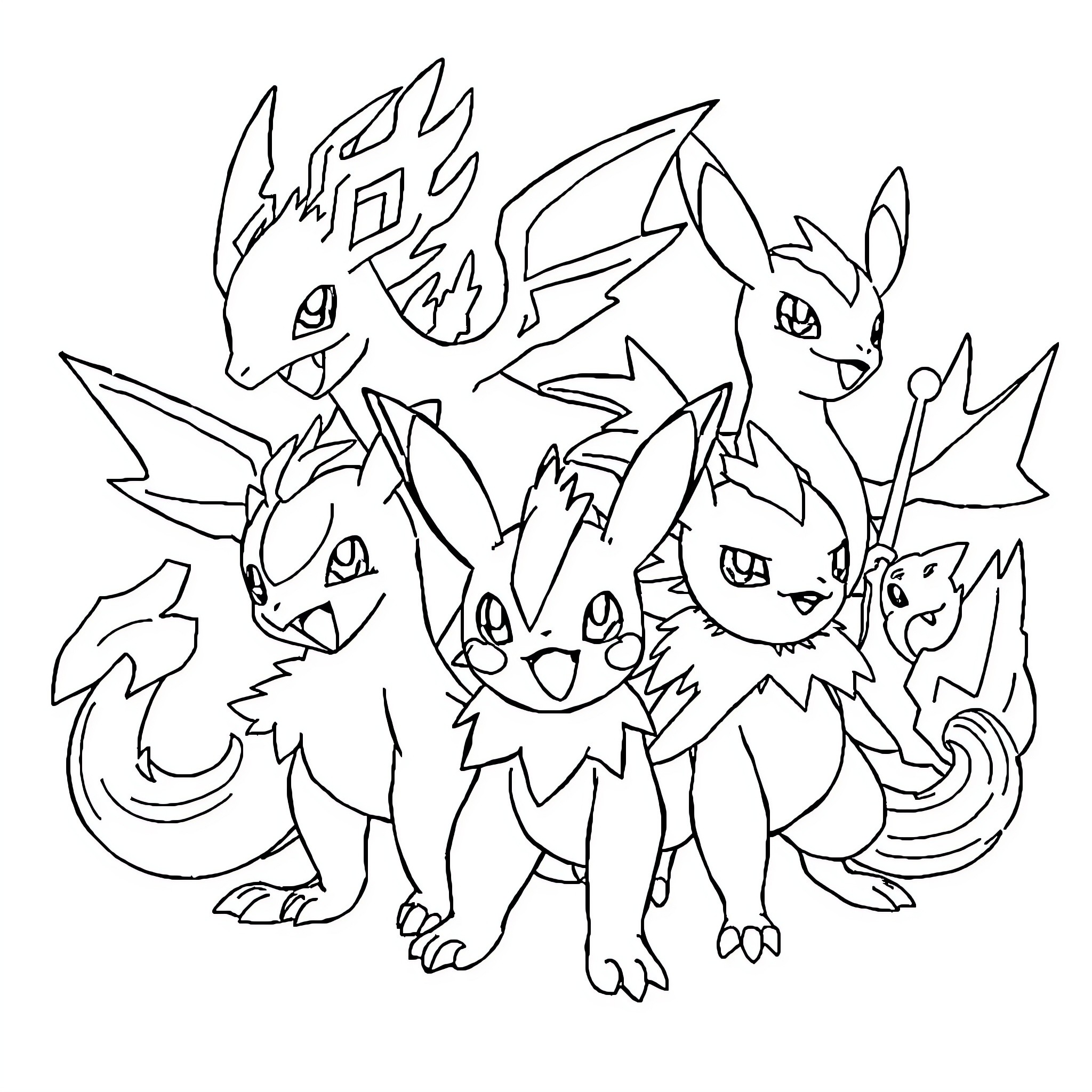 Pokémon characters in an energetic pose Coloring Page (free black-and-white line drawing printable PDF for all, from beginners to advanced learners, including children, teens, adults, and seniors)