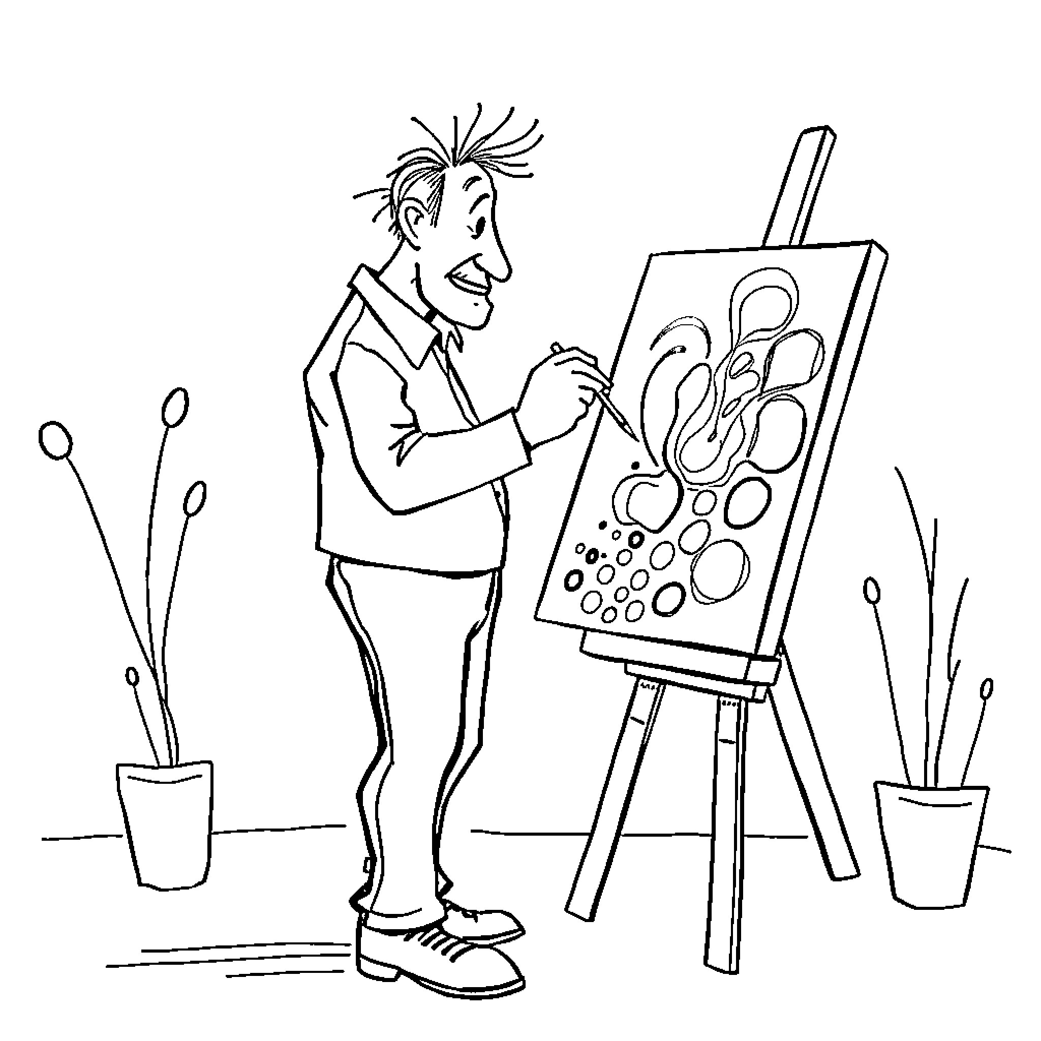 Painter capturing artistic expression on canvas Coloring Page (free black-and-white line drawing printable PDF for all, from beginners to advanced learners, including children, teens, adults, and seniors)