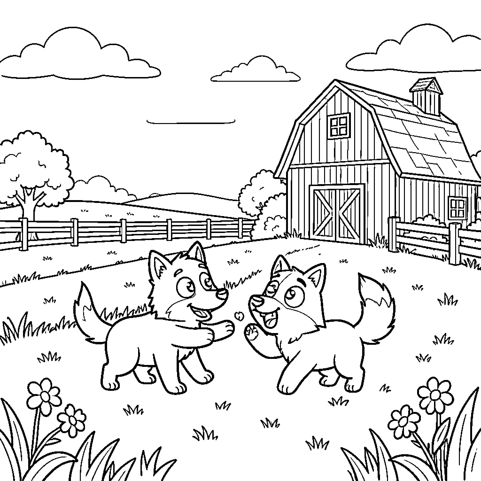 Bluey puppies playing joyfully in a farm field Coloring Page (free black-and-white line drawing printable PDF for all, from beginners to advanced learners, including children, teens, adults, and seniors)