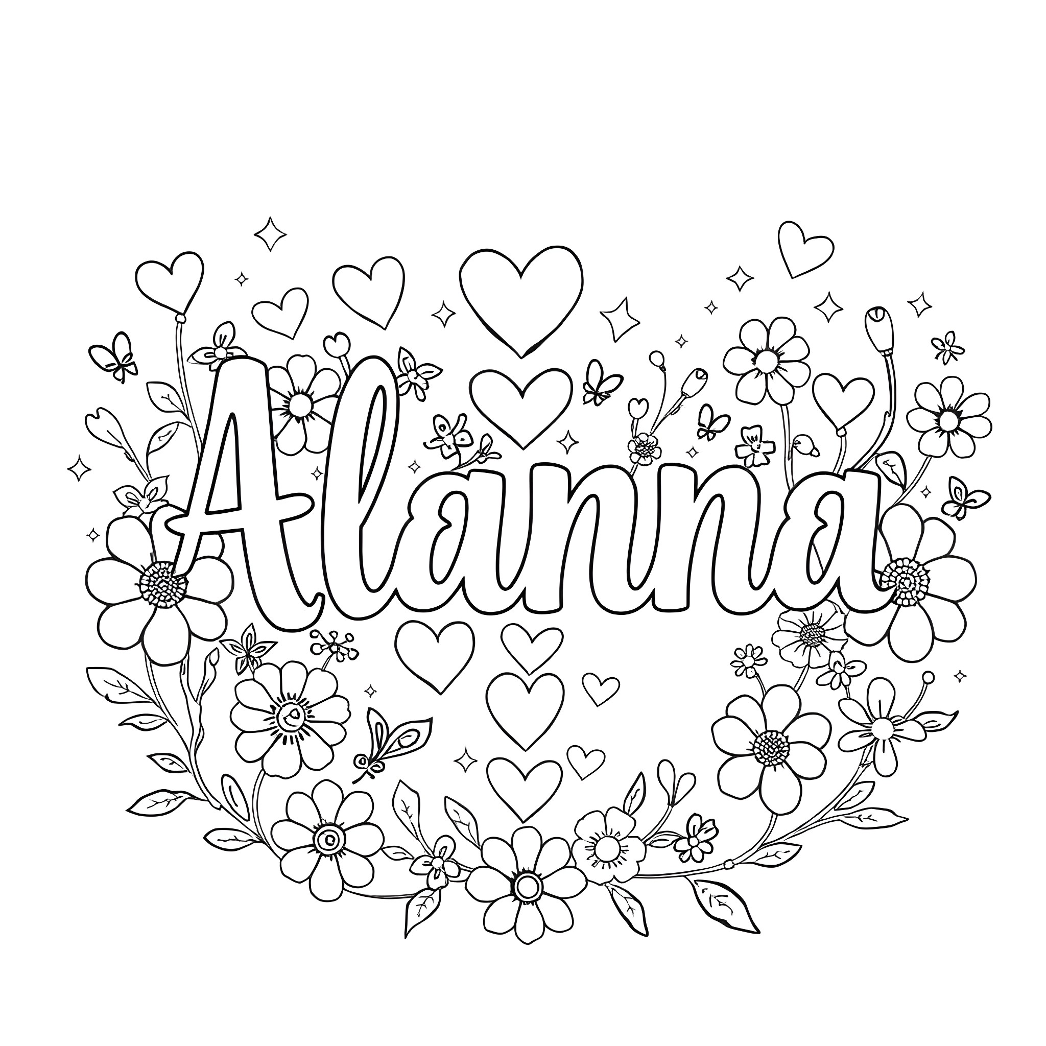 Font of flowers, hearts, and butterflies Coloring Page (free black-and-white line drawing printable PDF for all, from beginners to advanced learners, including children, teens, adults, and seniors)