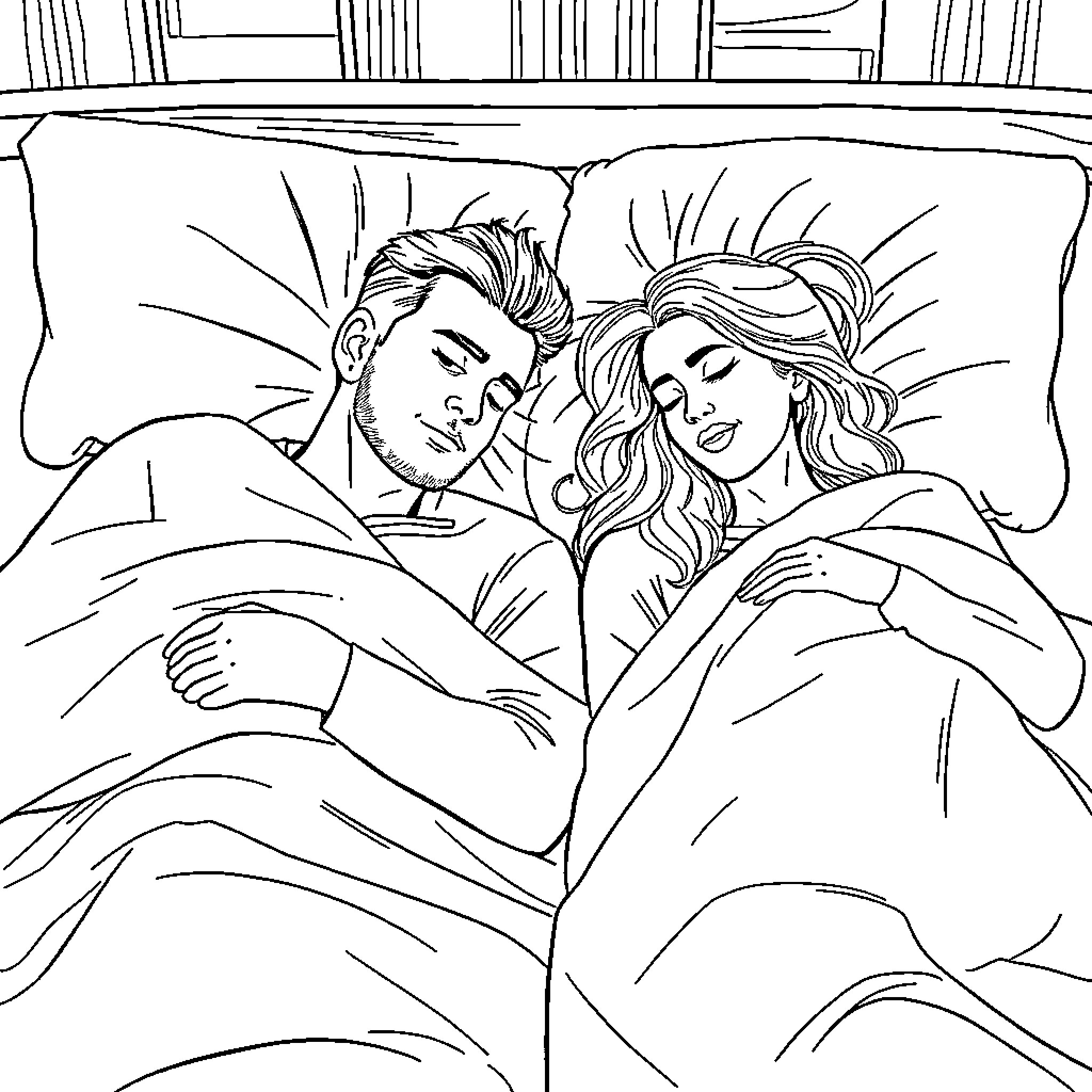 Man and Woman Resting Comfortably Together Coloring Page (free black-and-white line drawing printable PDF for all, from beginners to advanced learners, including children, teens, adults, and seniors)