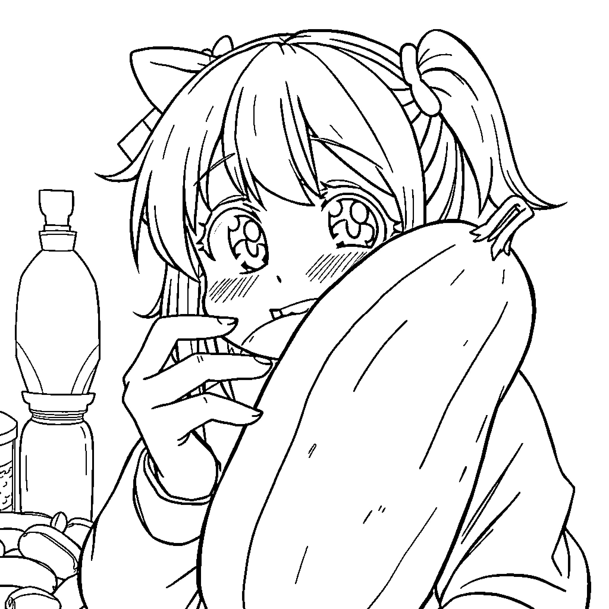 Anime Girl Curiously Examining Bottles Coloring Page (free black-and-white line drawing printable PDF for all, from beginners to advanced learners, including children, teens, adults, and seniors)