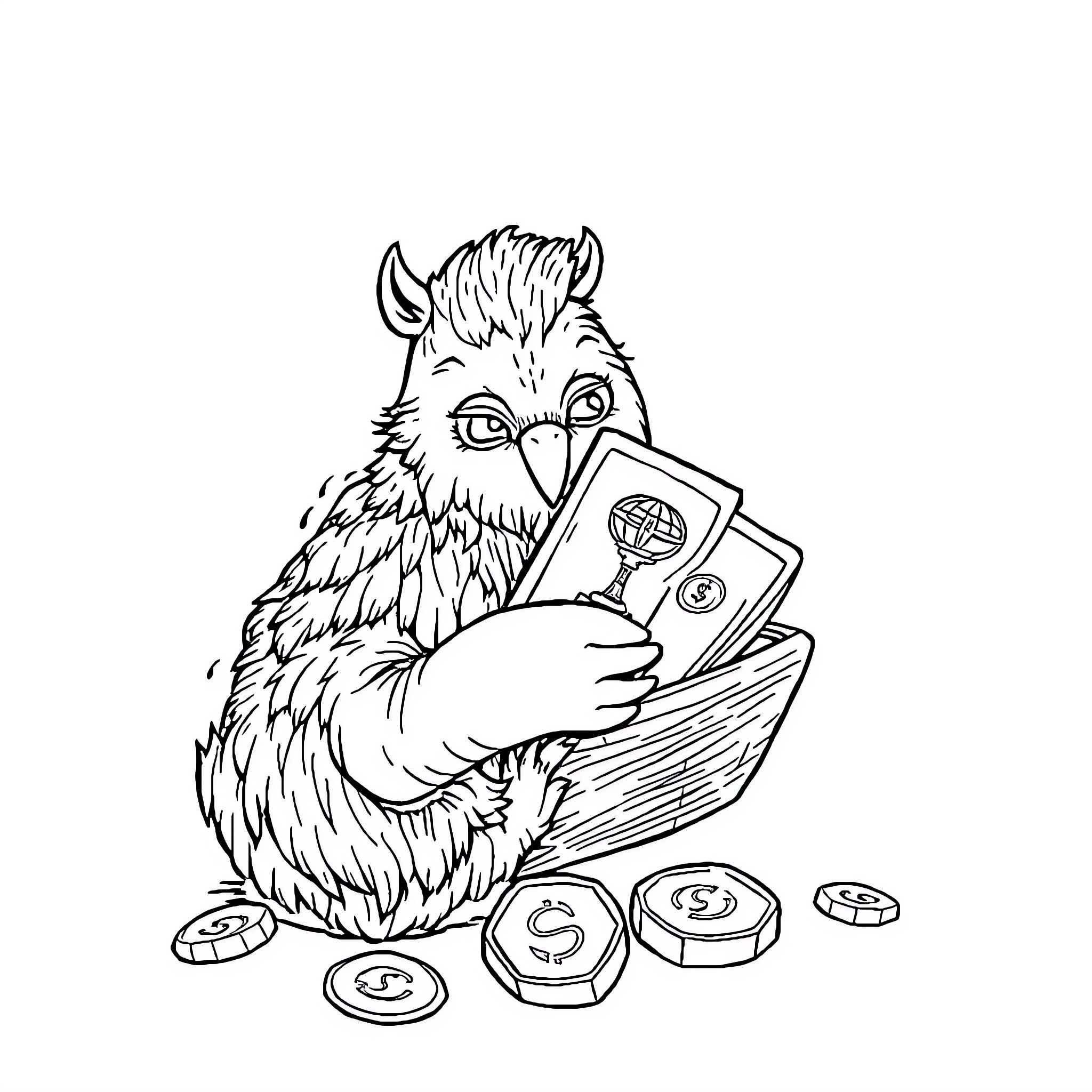 Pactole - Fuzzy creature counting money Coloring Page (free black-and-white line drawing printable PDF for all, from beginners to advanced learners, including children, teens, adults, and seniors)
