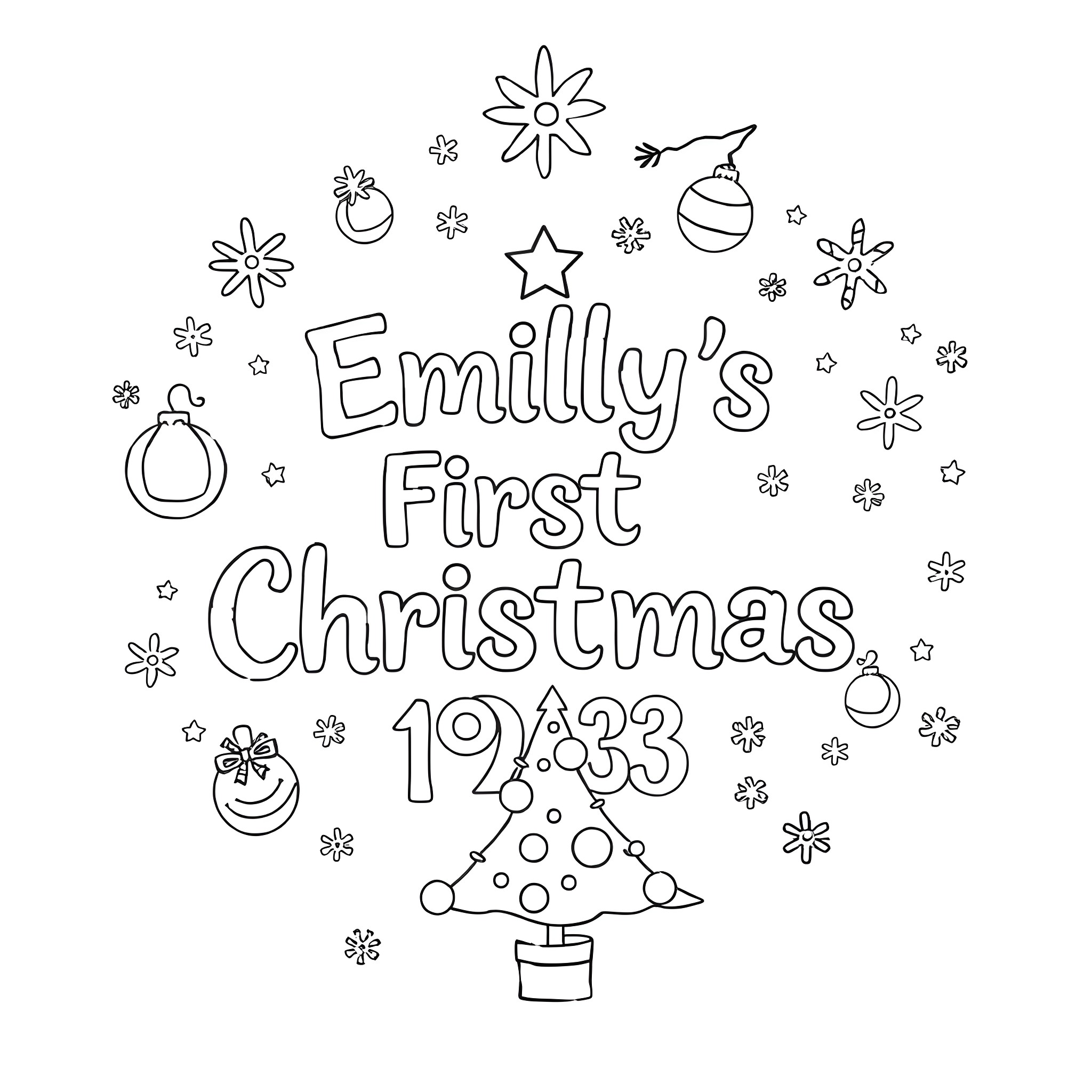 Text celebrating Emily's first Christmas in 1933 Coloring Page (free black-and-white line drawing printable PDF for all, from beginners to advanced learners, including children, teens, adults, and seniors)