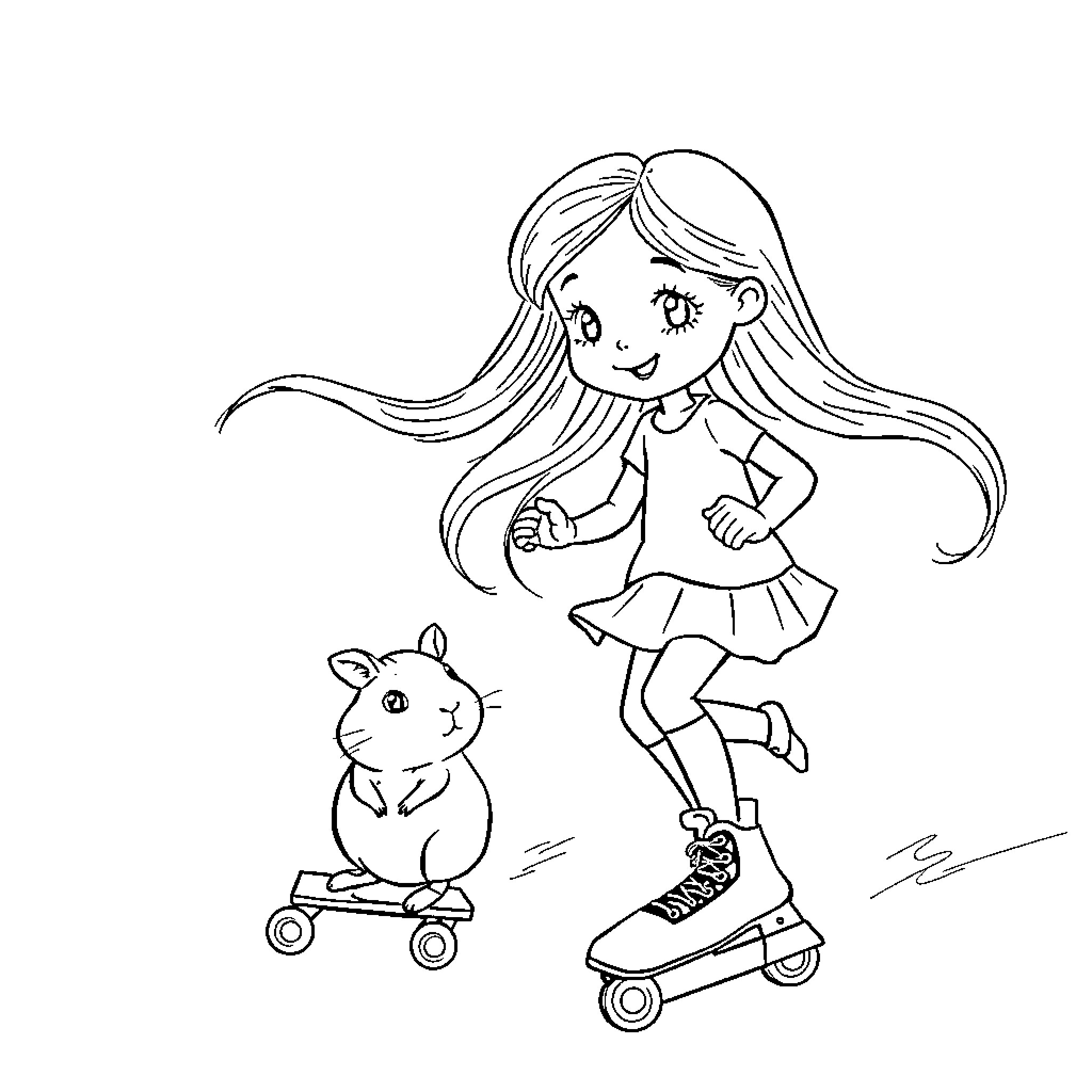 Girl riding roller skates with pet hamster Coloring Page (free black-and-white line drawing printable PDF for all, from beginners to advanced learners, including children, teens, adults, and seniors)