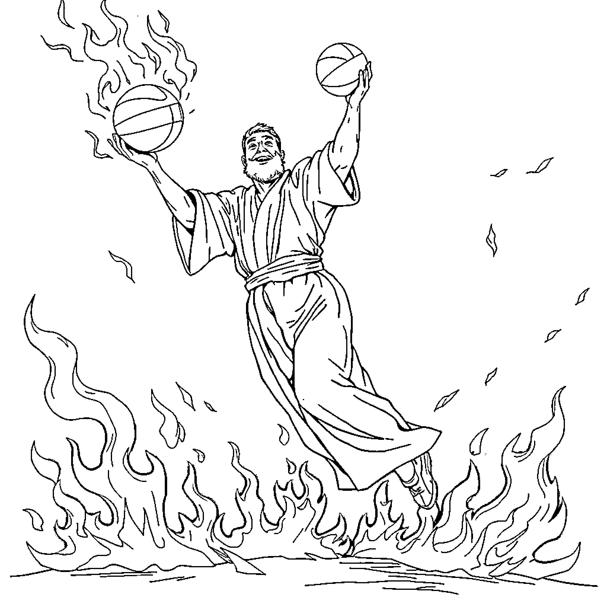 Priest performing ritual with fiery basketball Coloring Page (free black-and-white line drawing printable PDF for all, from beginners to advanced learners, including children, teens, adults, and seniors)