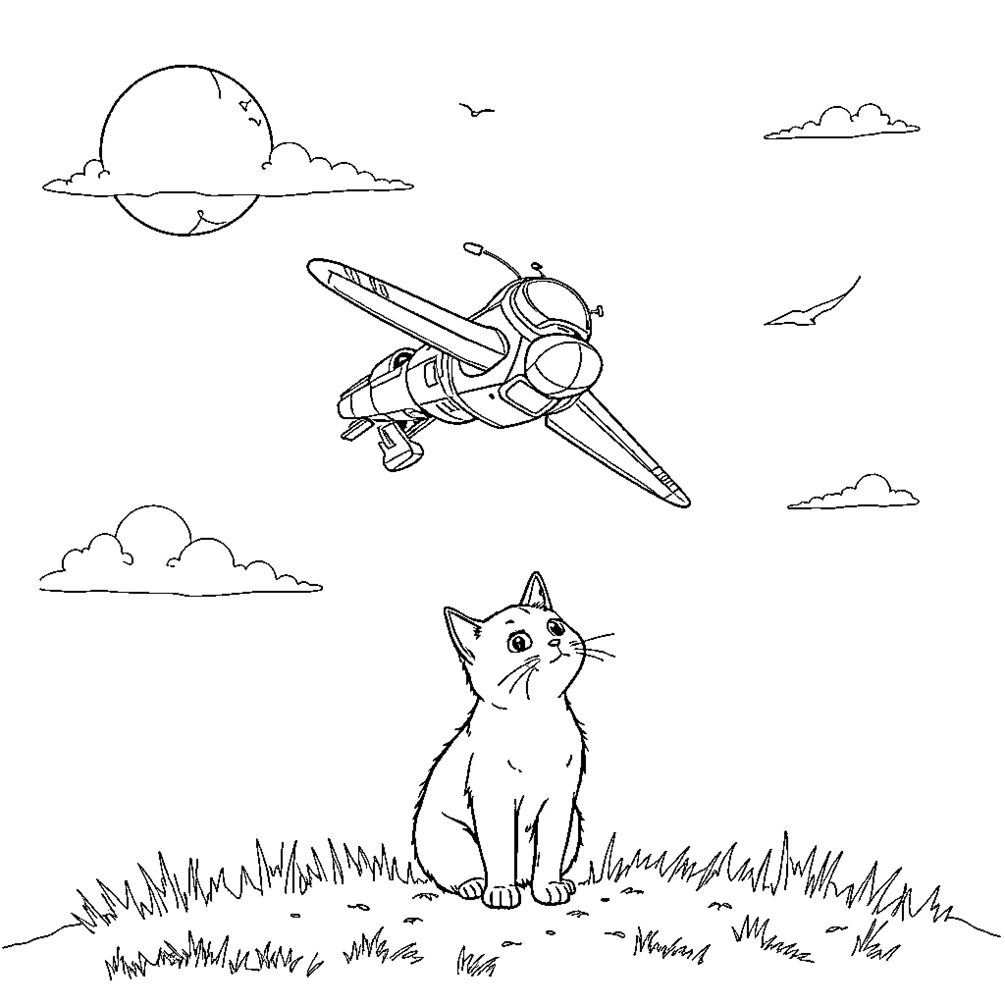Robot plane soaring above a curious cat Coloring Page (free black-and-white line drawing printable PDF for all, from beginners to advanced learners, including children, teens, adults, and seniors)