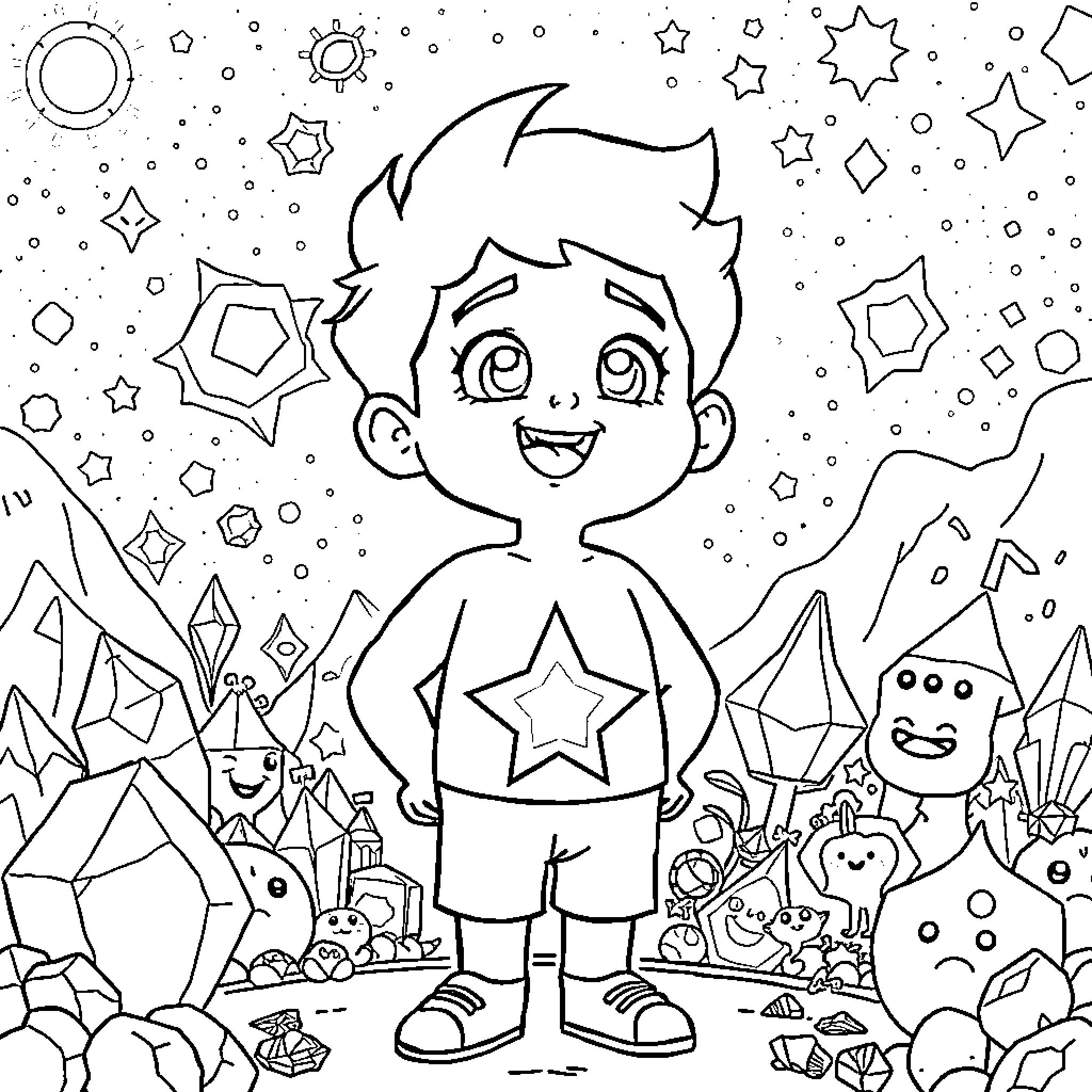 Steven Universe in a Whimsical, Cosmic Landscape Coloring Page (free black-and-white line drawing printable PDF for all, from beginners to advanced learners, including children, teens, adults, and seniors)