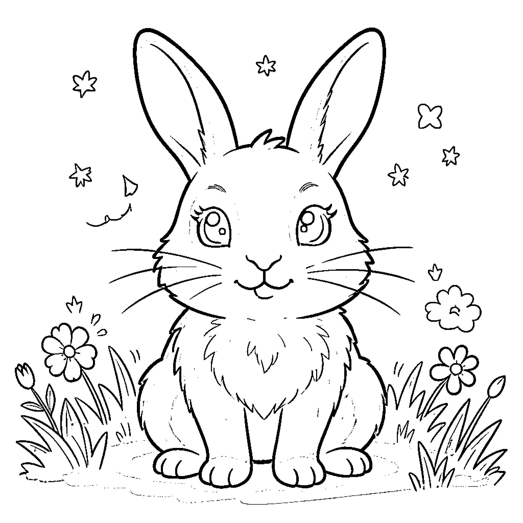 Rabbit enjoying nature in garden Coloring Page (free black-and-white line drawing printable PDF for all, from beginners to advanced learners, including children, teens, adults, and seniors)