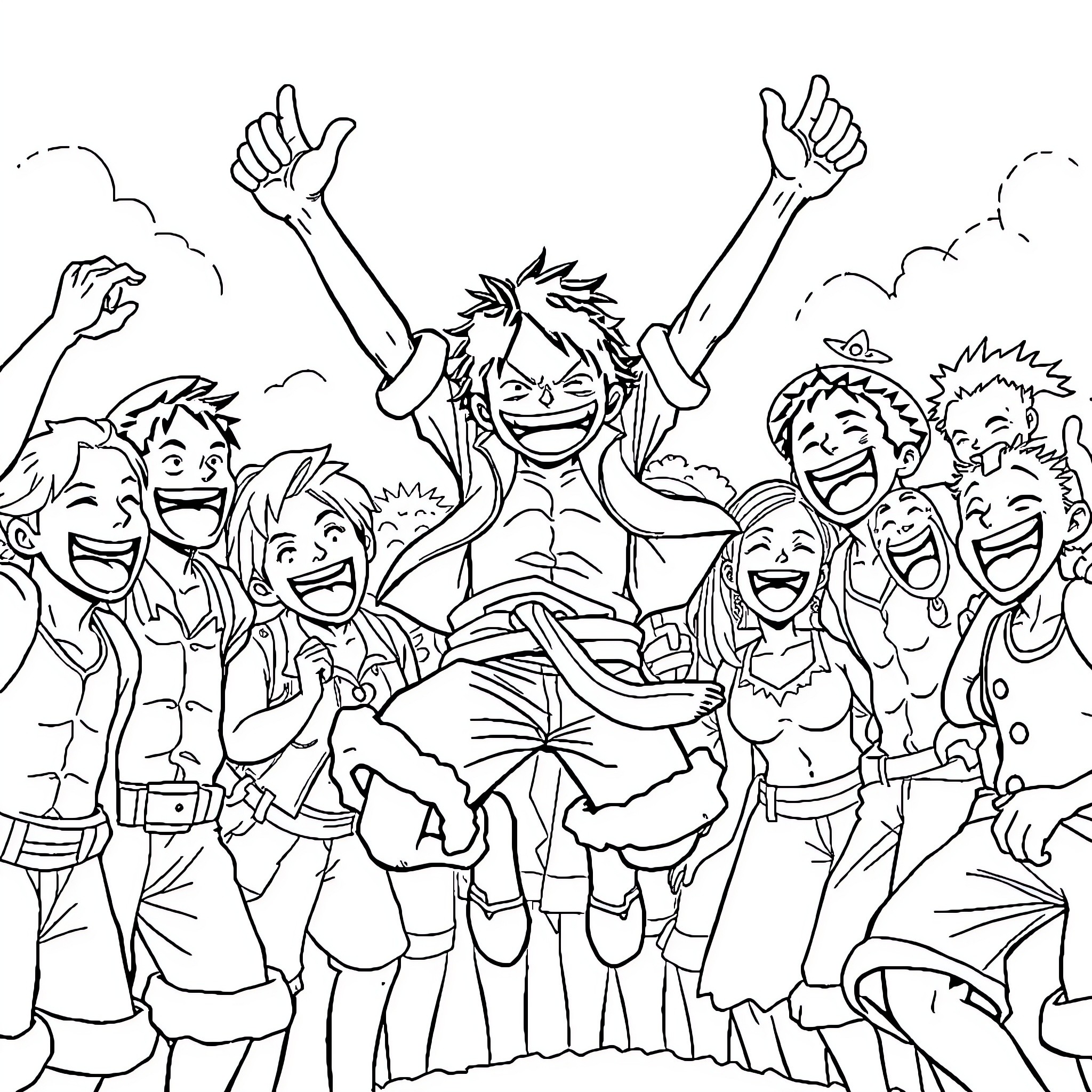 Luffy and his spirited crew in action Coloring Page (free black-and-white line drawing printable PDF for all, from beginners to advanced learners, including children, teens, adults, and seniors)