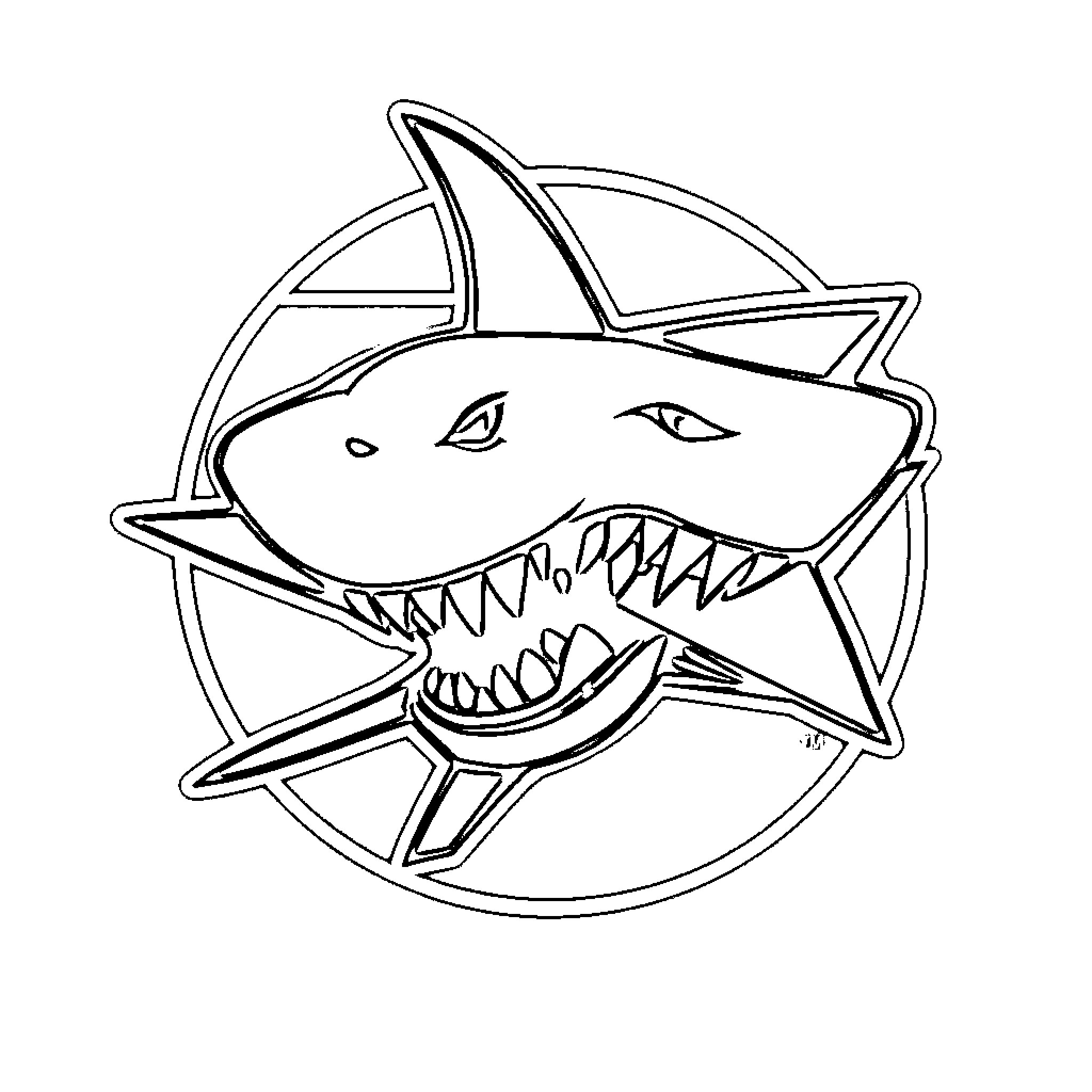 Shark with menacing expression in geometric frame Coloring Page (free black-and-white line drawing printable PDF for all, from beginners to advanced learners, including children, teens, adults, and seniors)