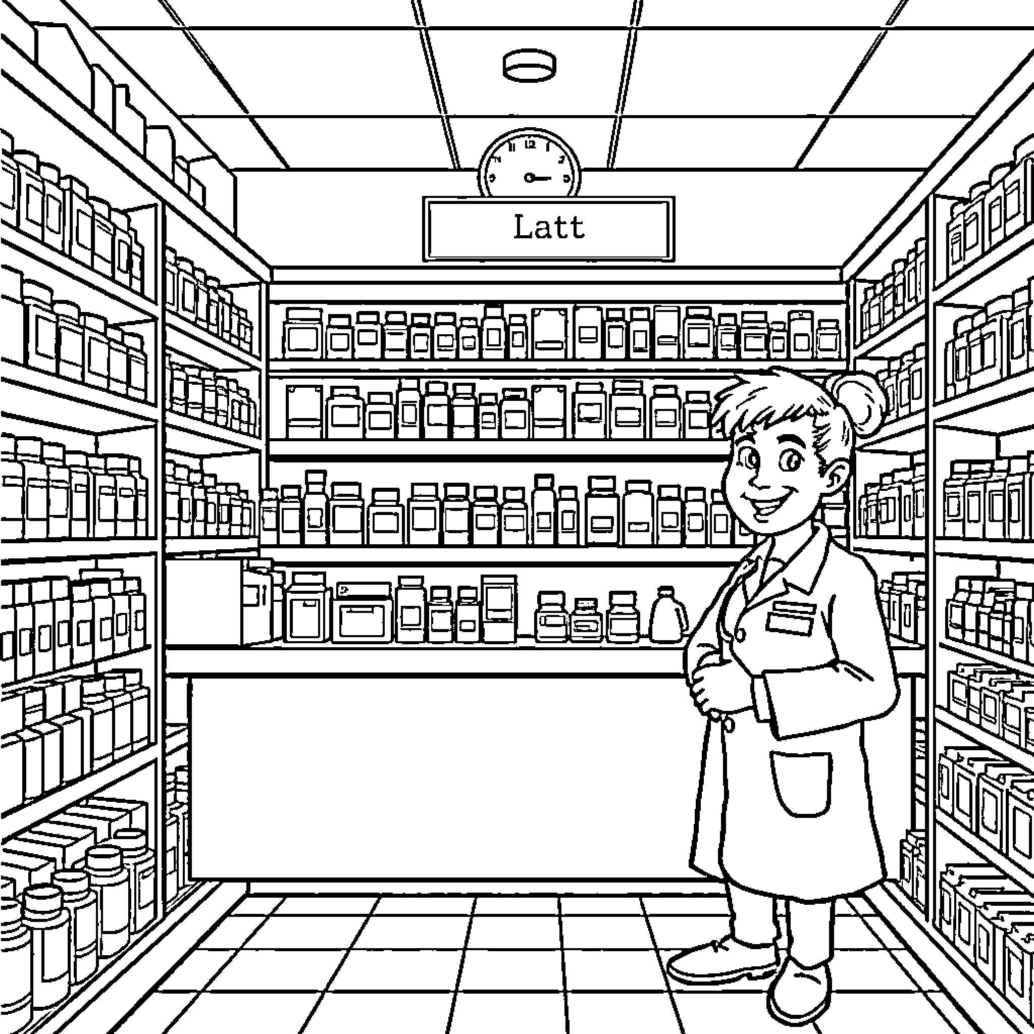 Pharmacy Assistant Arranges Shelves of Medications Coloring Page (free black-and-white line drawing printable PDF for all, from beginners to advanced learners, including children, teens, adults, and seniors)