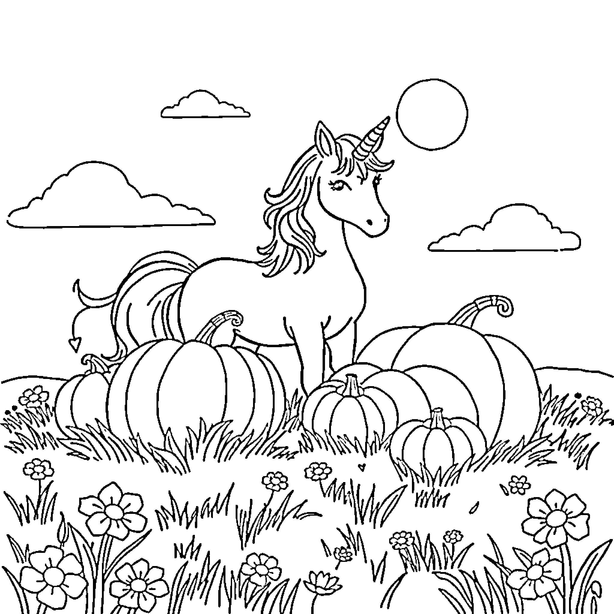 Unicorn standing among pumpkins and flowers Coloring Page (free black-and-white line drawing printable PDF for all, from beginners to advanced learners, including children, teens, adults, and seniors)