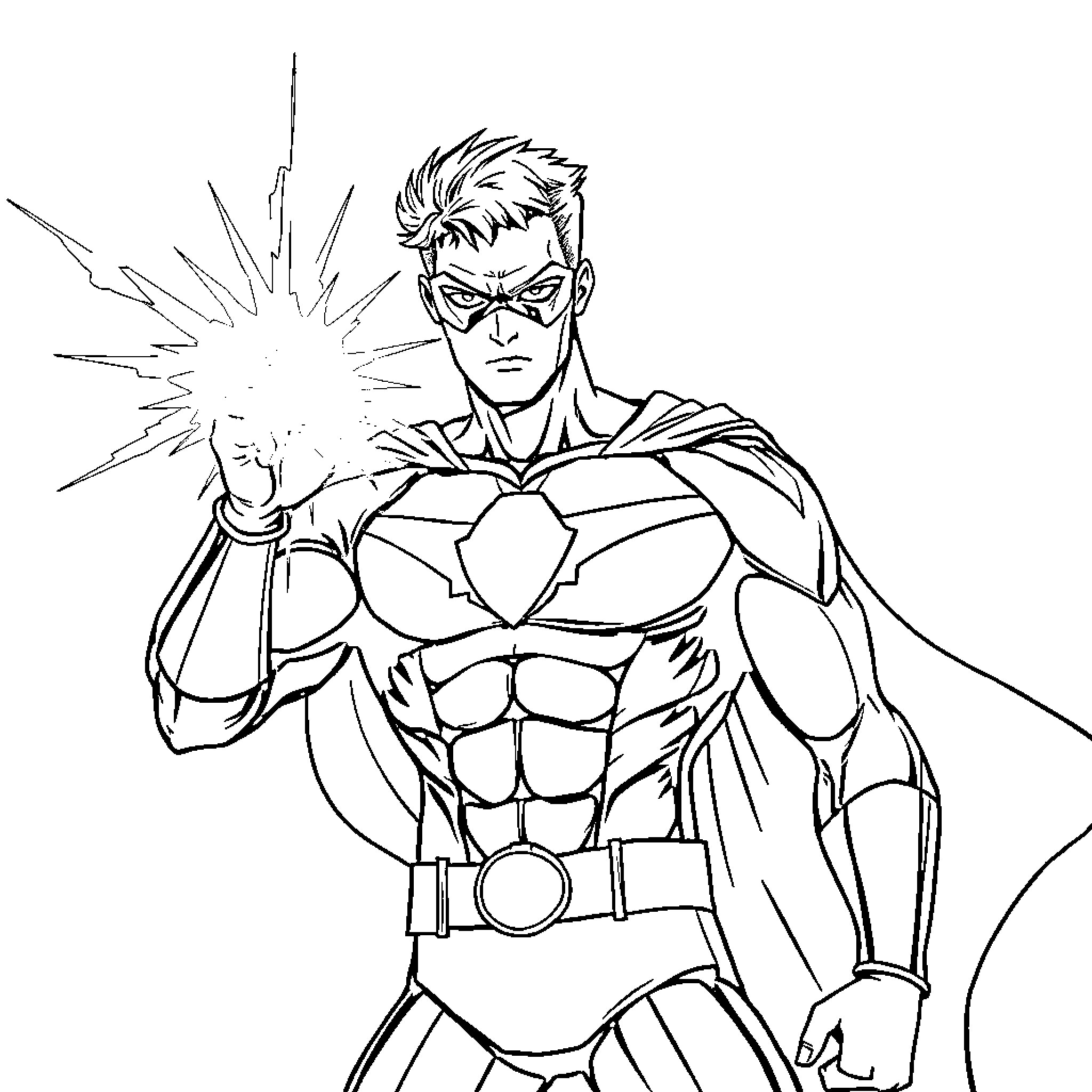 Héros in action with powerful energy blast Coloring Page (free black-and-white line drawing printable PDF for all, from beginners to advanced learners, including children, teens, adults, and seniors)