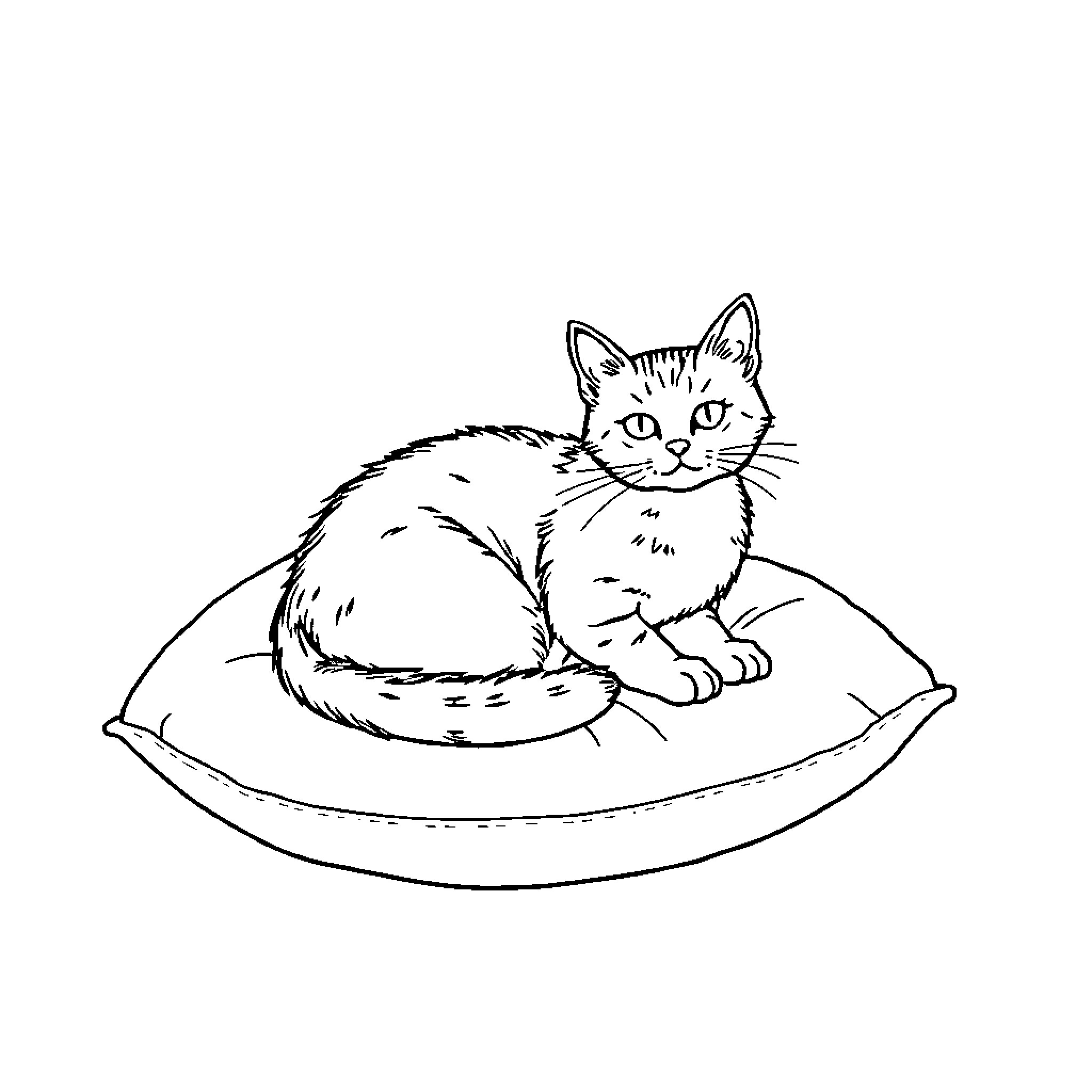 Cat resting peacefully on pillow Coloring Page (free black-and-white line drawing printable PDF for all, from beginners to advanced learners, including children, teens, adults, and seniors)