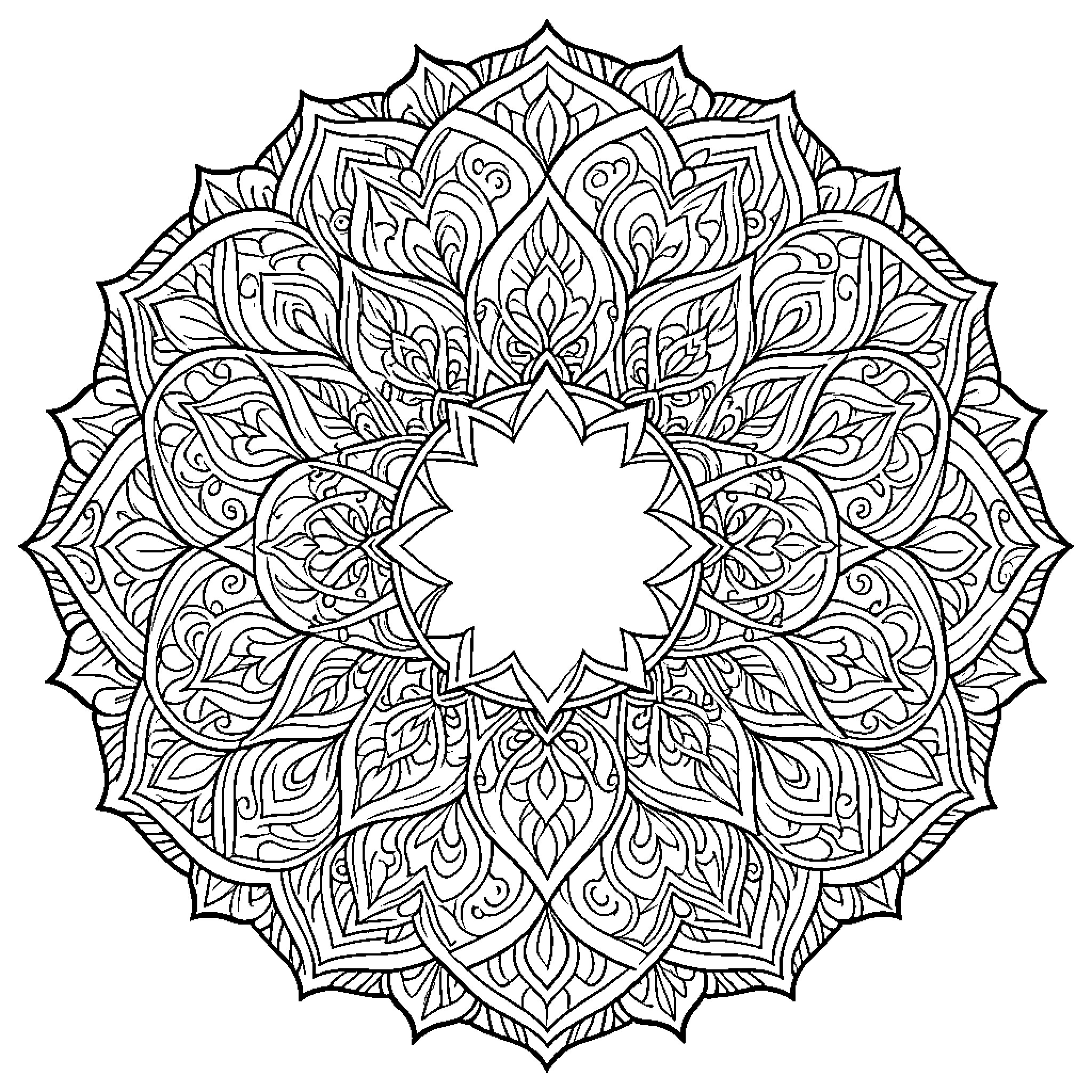Moon Mandala Artwork Coloring Page (free black-and-white line drawing printable PDF for all, from beginners to advanced learners, including children, teens, adults, and seniors)