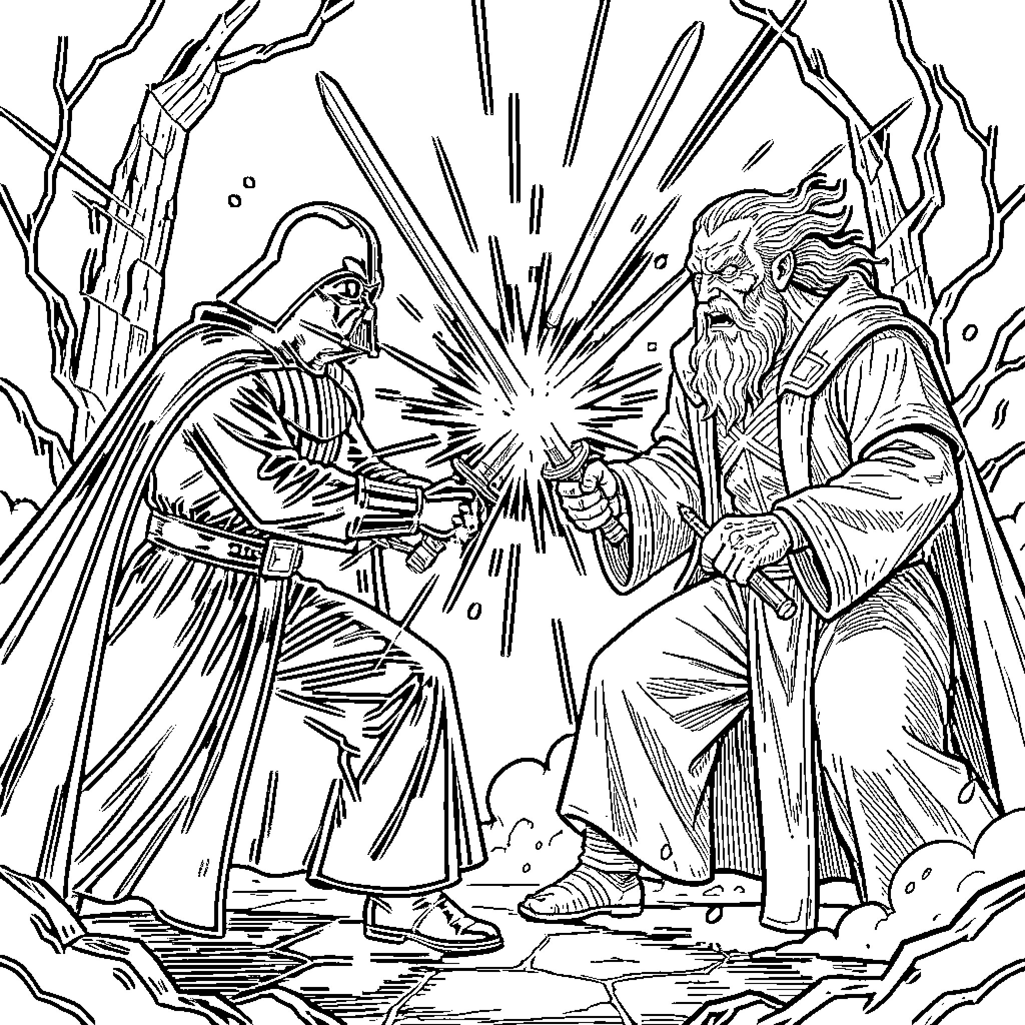Darth Vader dueling an older warrior with lightsabers Coloring Page (free black-and-white line drawing printable PDF for all, from beginners to advanced learners, including children, teens, adults, and seniors)