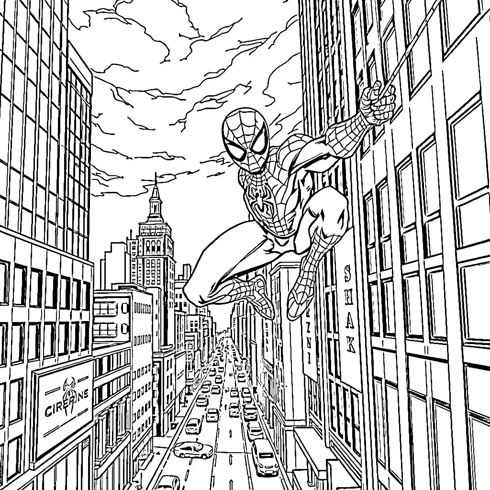 Spider-Man swinging through the city skyline Coloring Page (free black-and-white line drawing printable PDF for all, from beginners to advanced learners, including children, teens, adults, and seniors)