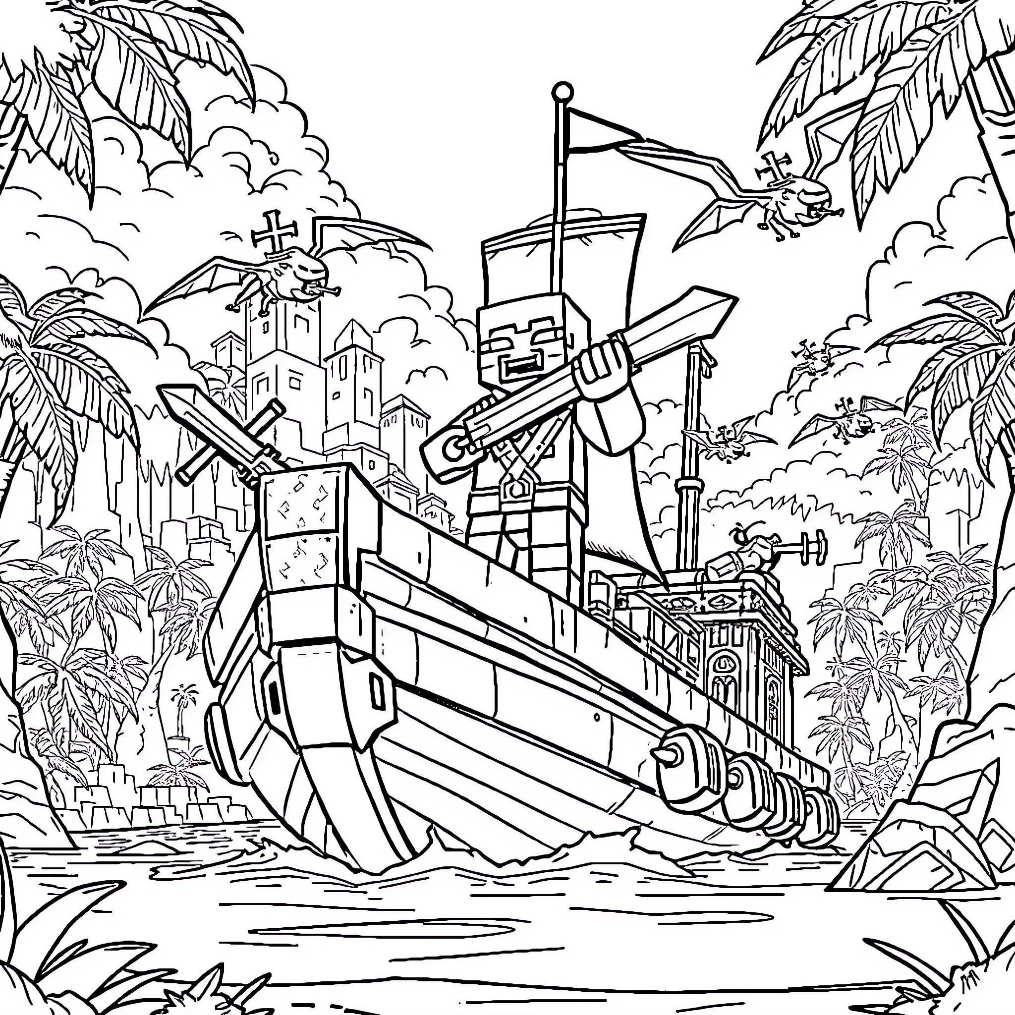 Minecraft Villager on a Pirate Ship Adventure Coloring Page (free black-and-white line drawing printable PDF for all, from beginners to advanced learners, including children, teens, adults, and seniors)