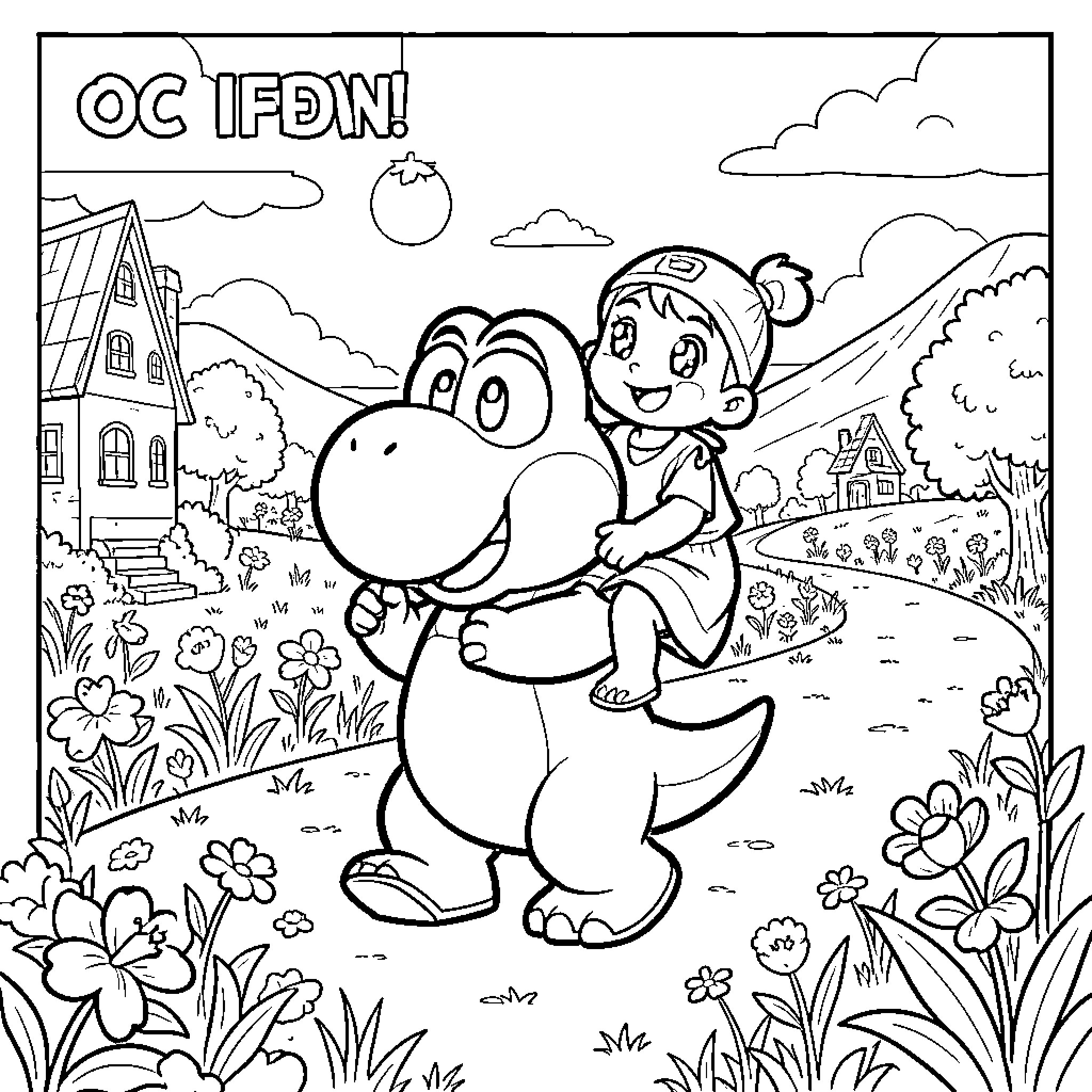 Yoshi carrying a happy child through a flowery landscape Coloring Page (free black-and-white line drawing printable PDF for all, from beginners to advanced learners, including children, teens, adults, and seniors)